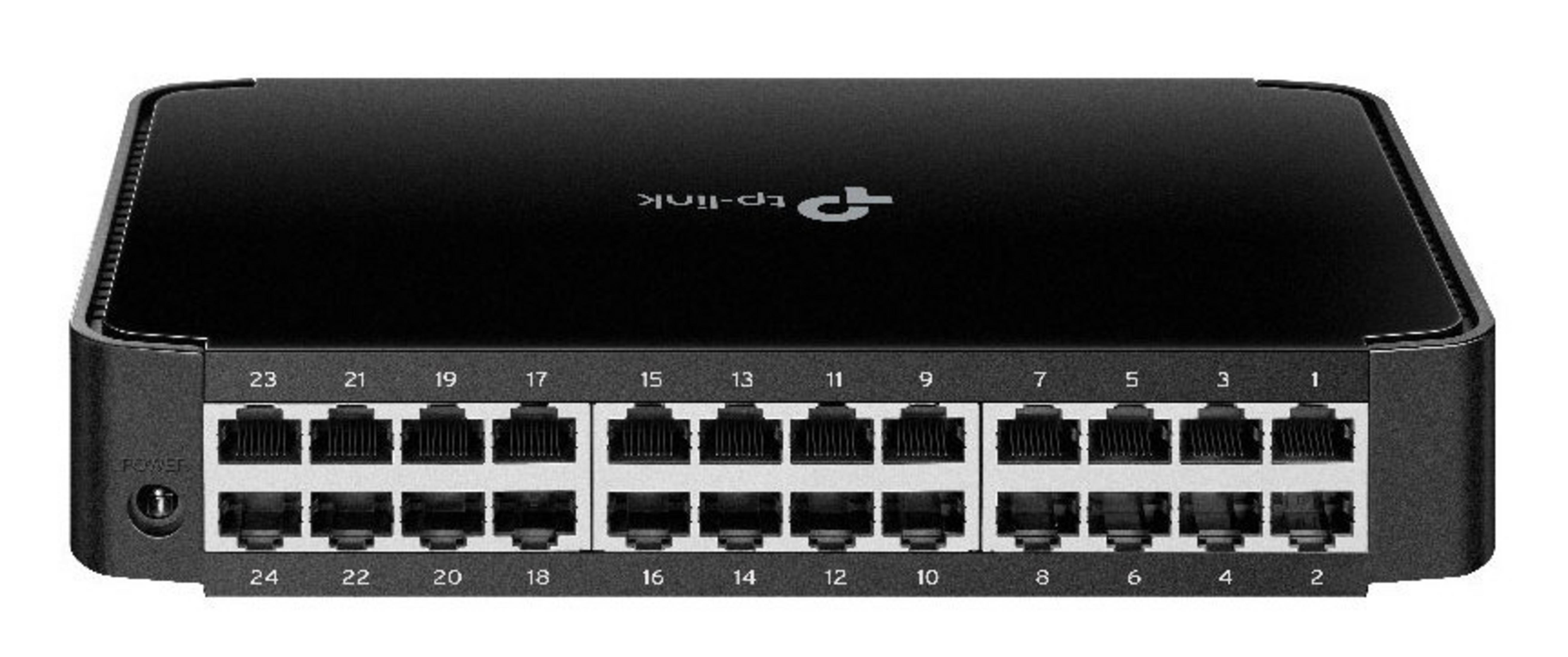 Czarny przełącznik sieciowy TP-Link z 24 numerowanymi portami Ethernet. Wskaźnik zasilania po lewej. Logo TP-Link na górze.