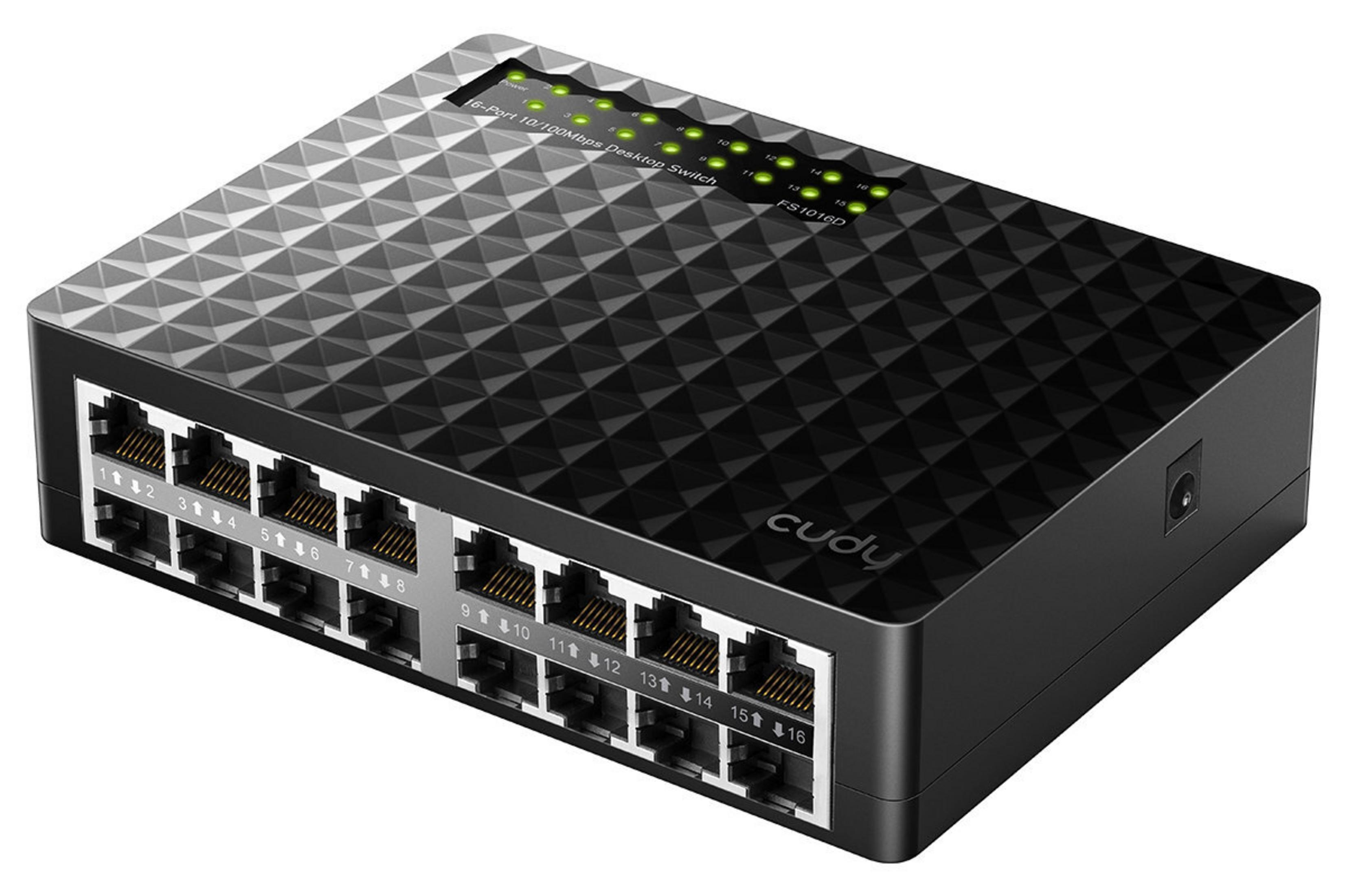 Czarny 16-portowy przełącznik sieciowy ze wskaźnikami. Górna część ma wzór rombu. Marka to cudy.