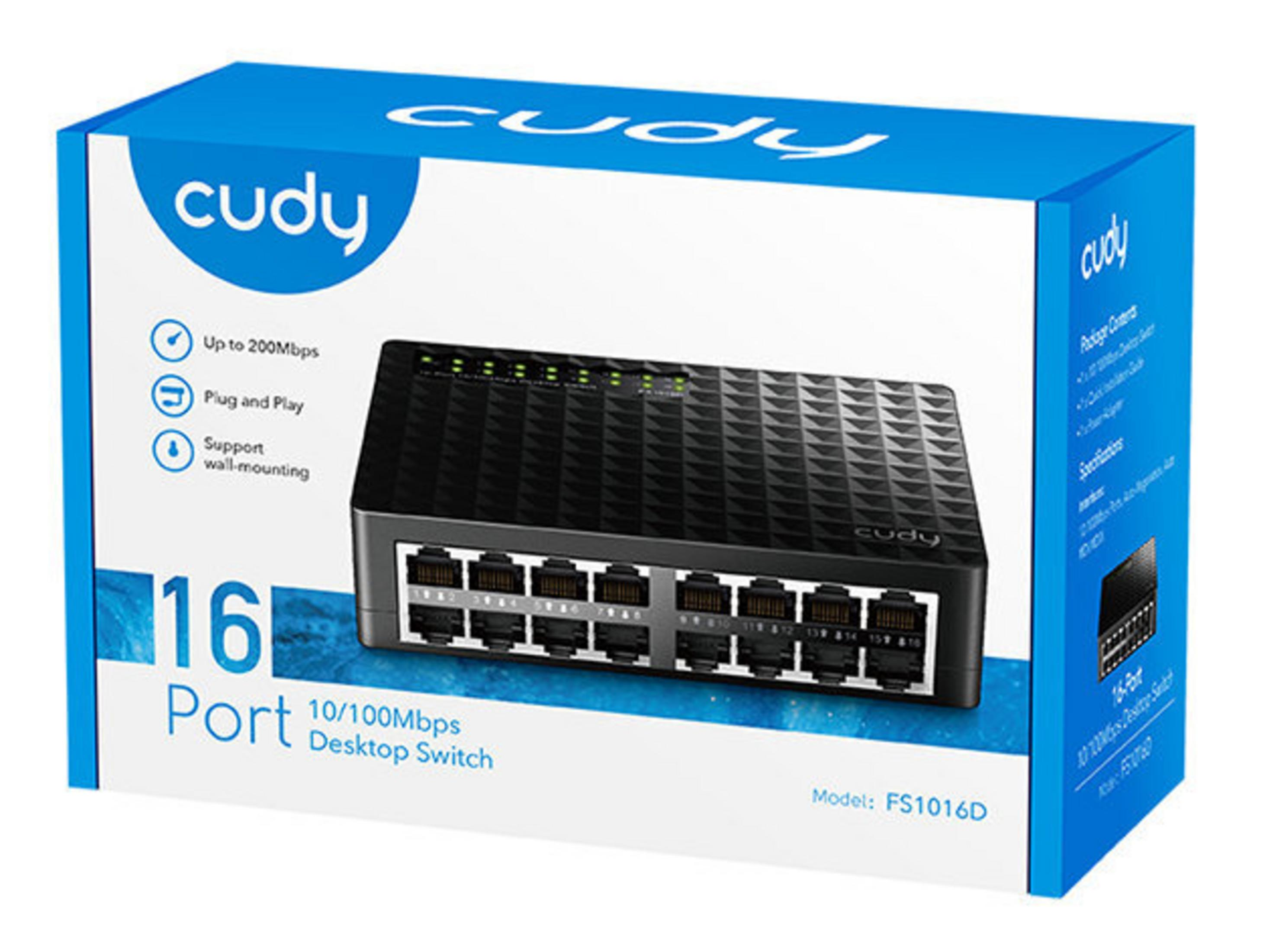 Niebieskie pudełko przełącznika biurkowego Cudy 16 Port, z czarnym przełącznikiem w środku. Tekst zawiera cechy i model.