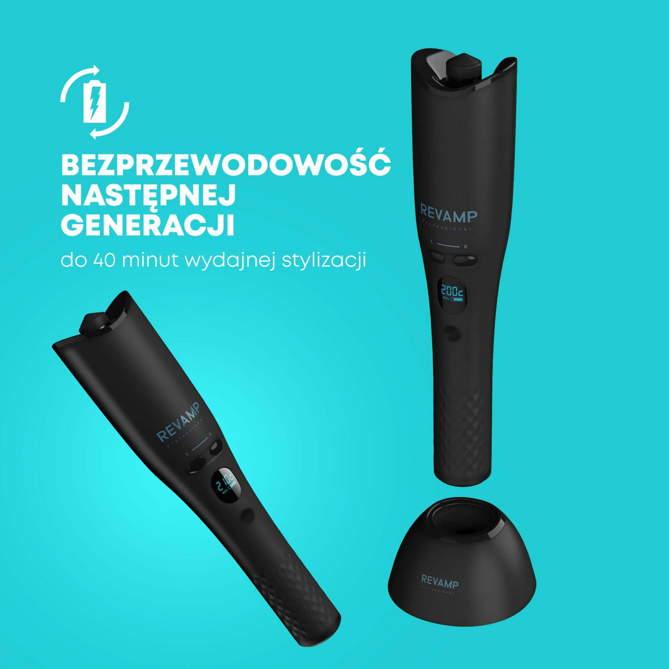 L'immagine mostra strumenti neri per lo styling dei capelli Revamp su sfondo turchese. Il testo dice 'wireless next generation' e dettagli del prodotto.