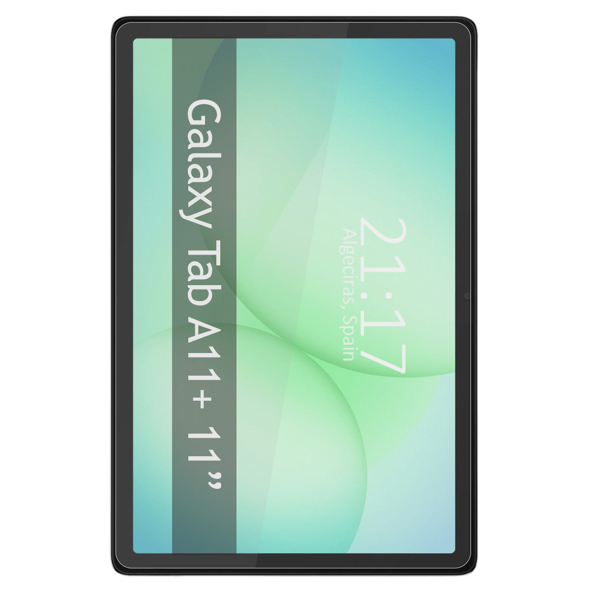 Una pantalla de tableta muestra 'Galaxy Tab A11+ 11"' y la hora '21:17 Algeciras, España' sobre un fondo verde y azul.