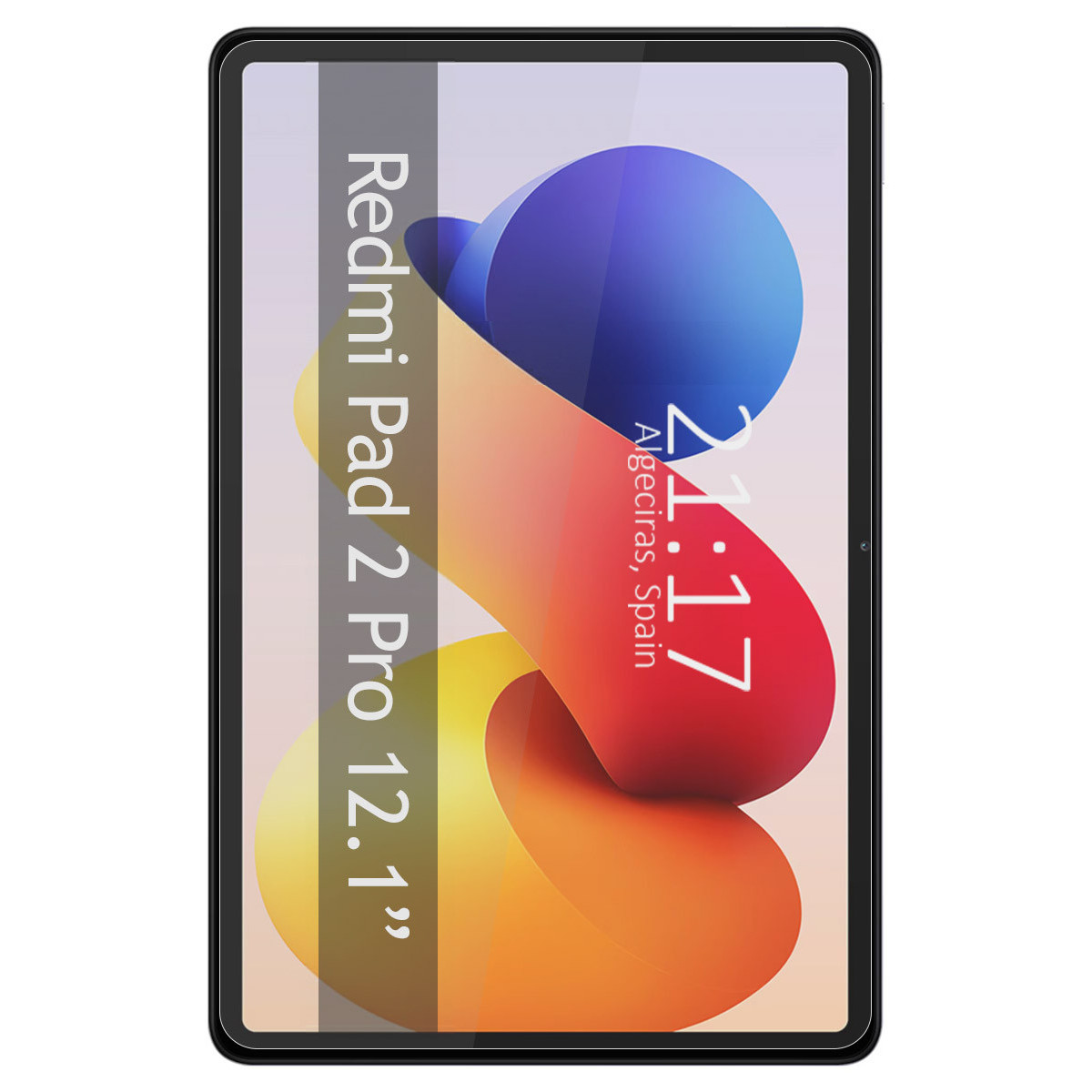 Una pantalla de tableta muestra un diseño abstracto colorido. Son las 21:17 en Algeciras, España. La tableta es una Redmi Pad 2 Pro 12.1".