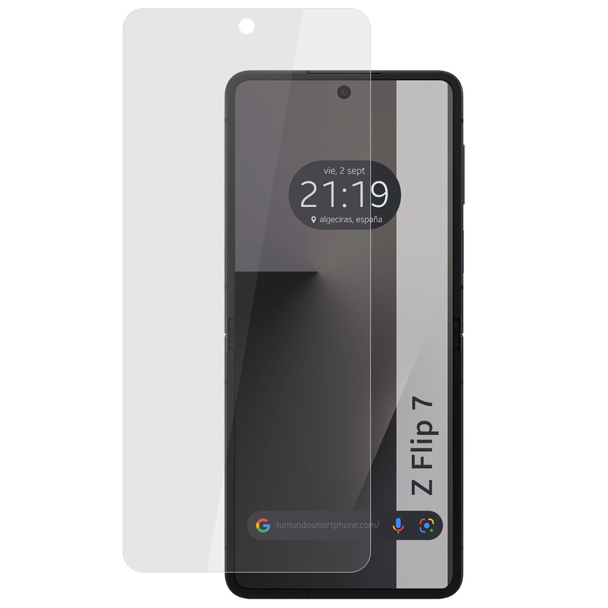Un smartphone con protector de pantalla. La pantalla muestra la hora 21:19 y la ubicación Algeciras, España. El teléfono es Z Flip 7.