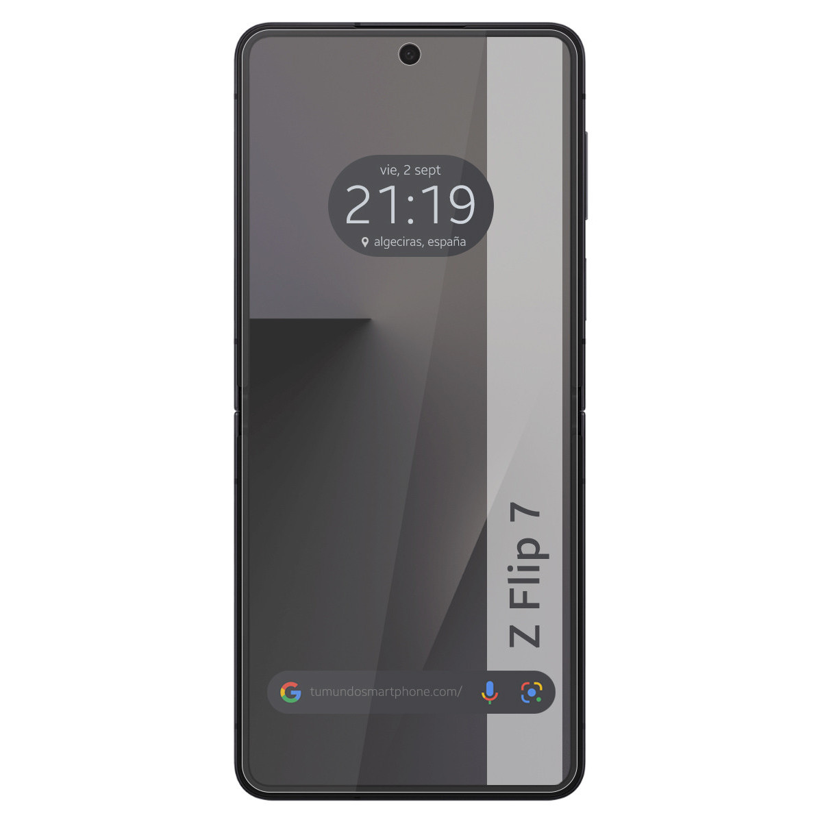 Un teléfono inteligente muestra la hora y la fecha. La pantalla está dividida en secciones grises. El teléfono está etiquetado como Z Flip 7.