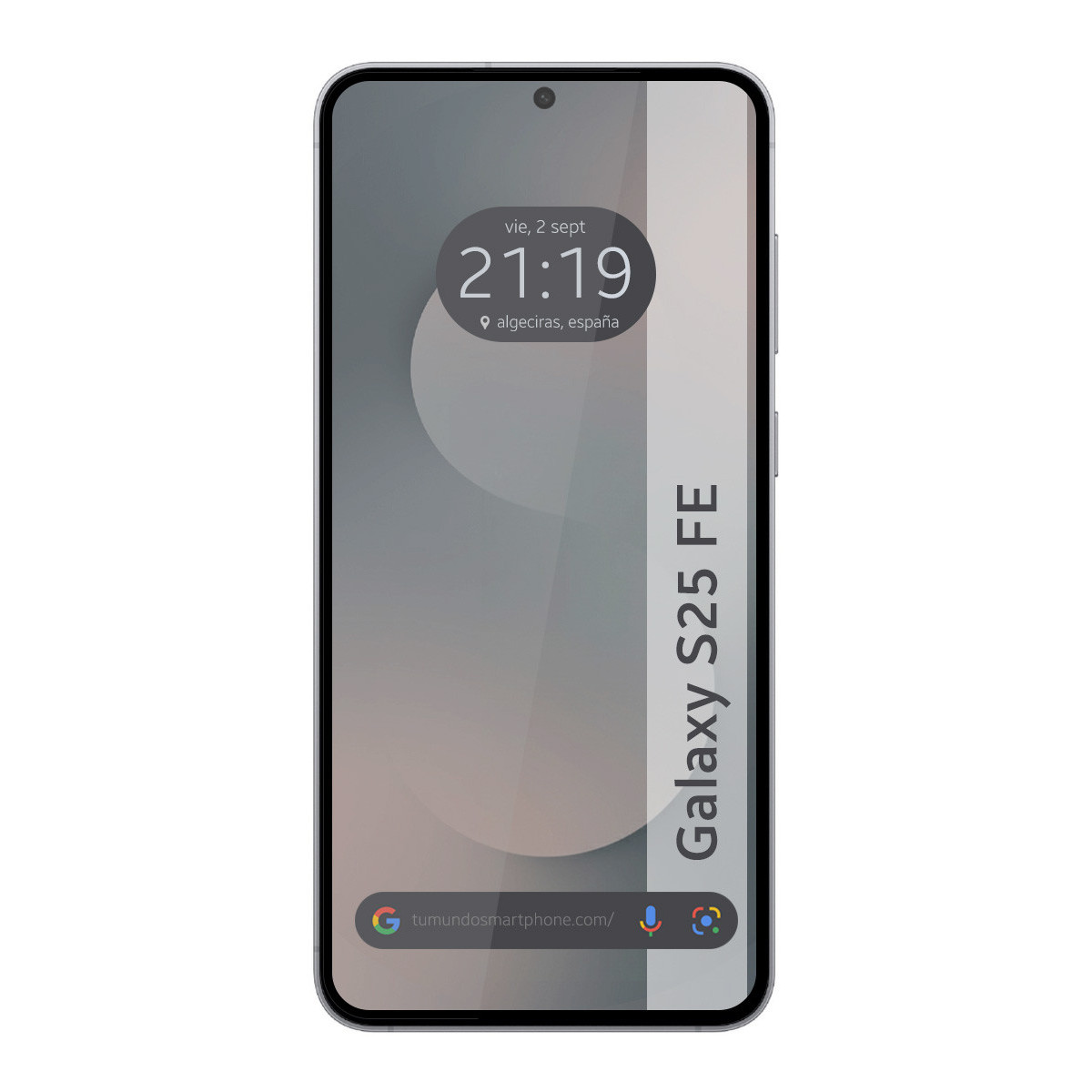 Uno smartphone mostra l'ora 21:19, posizione Algeciras, Spagna. Ha uno sfondo sfumato e il testo 'Galaxy S25 FE'.