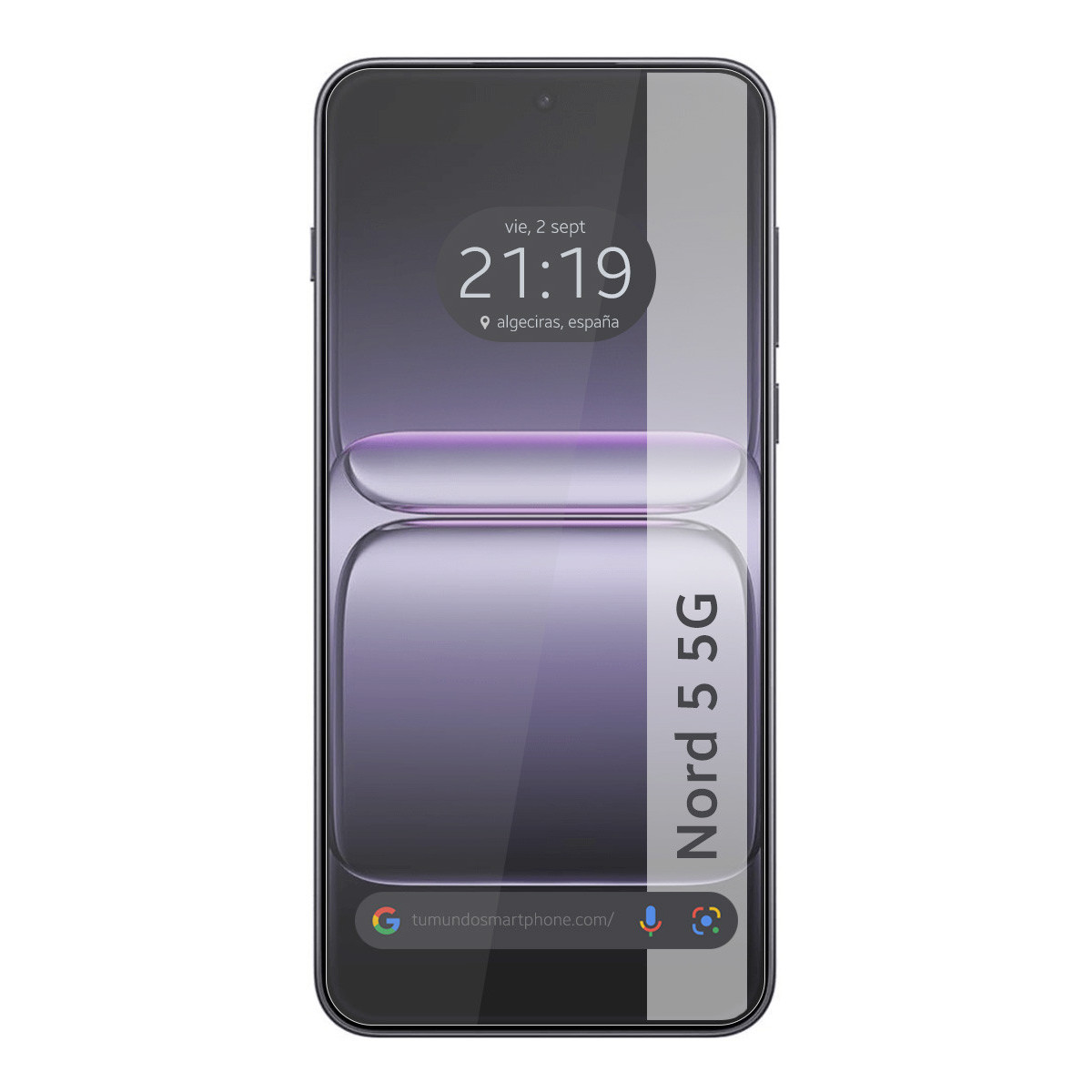 Una pantalla de smartphone muestra la hora y la ubicación. El teléfono tiene un fondo degradado. El texto dice Nord 5 5G.