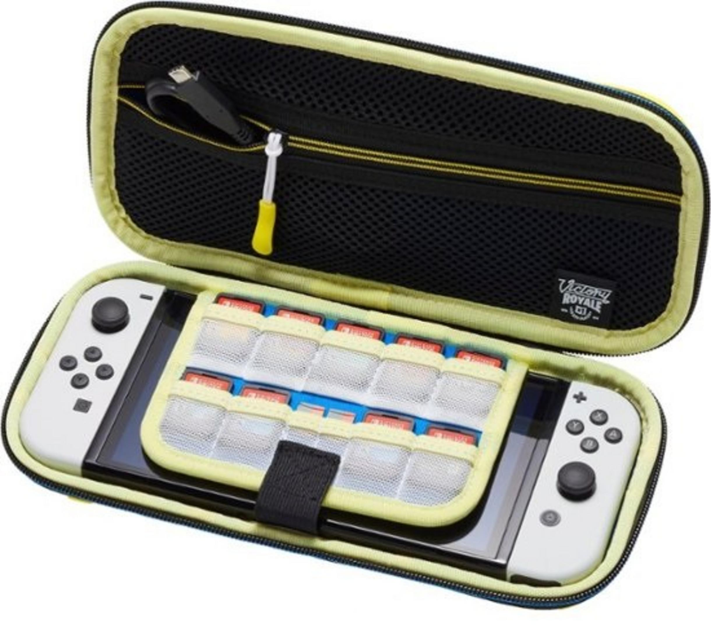 Otwarta obudowa Nintendo Switch z przełącznikiem w środku, kartridżami do gier i kablem ładującym. Żółte i czarne akcenty.