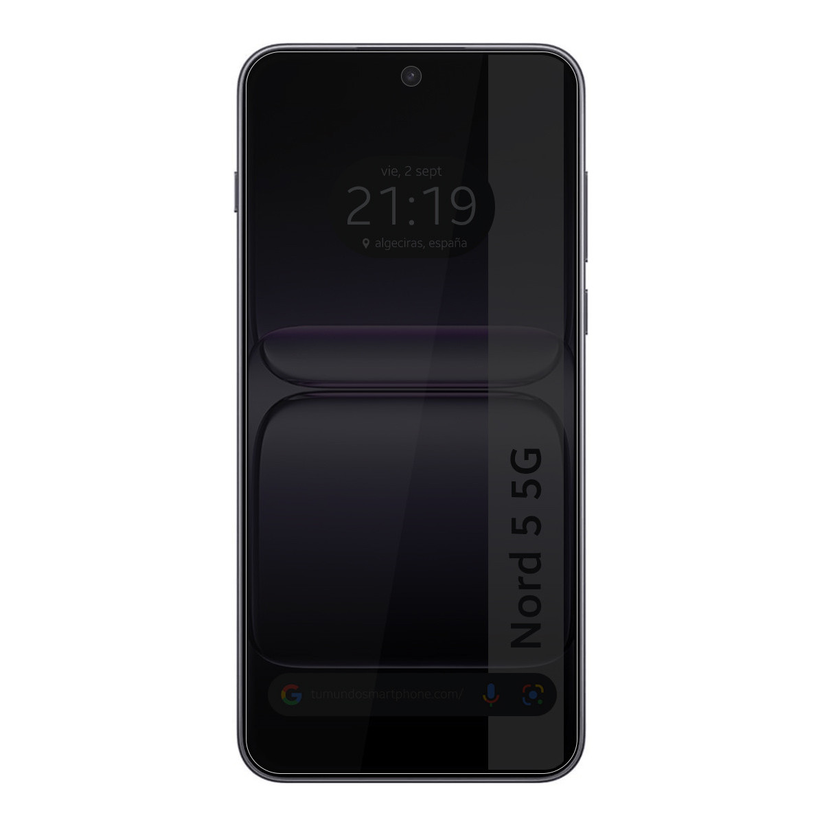 Un smartphone negro muestra una pantalla oscura con hora y ubicación. El teléfono tiene una etiqueta 'Nord 5 5G' en el lateral.