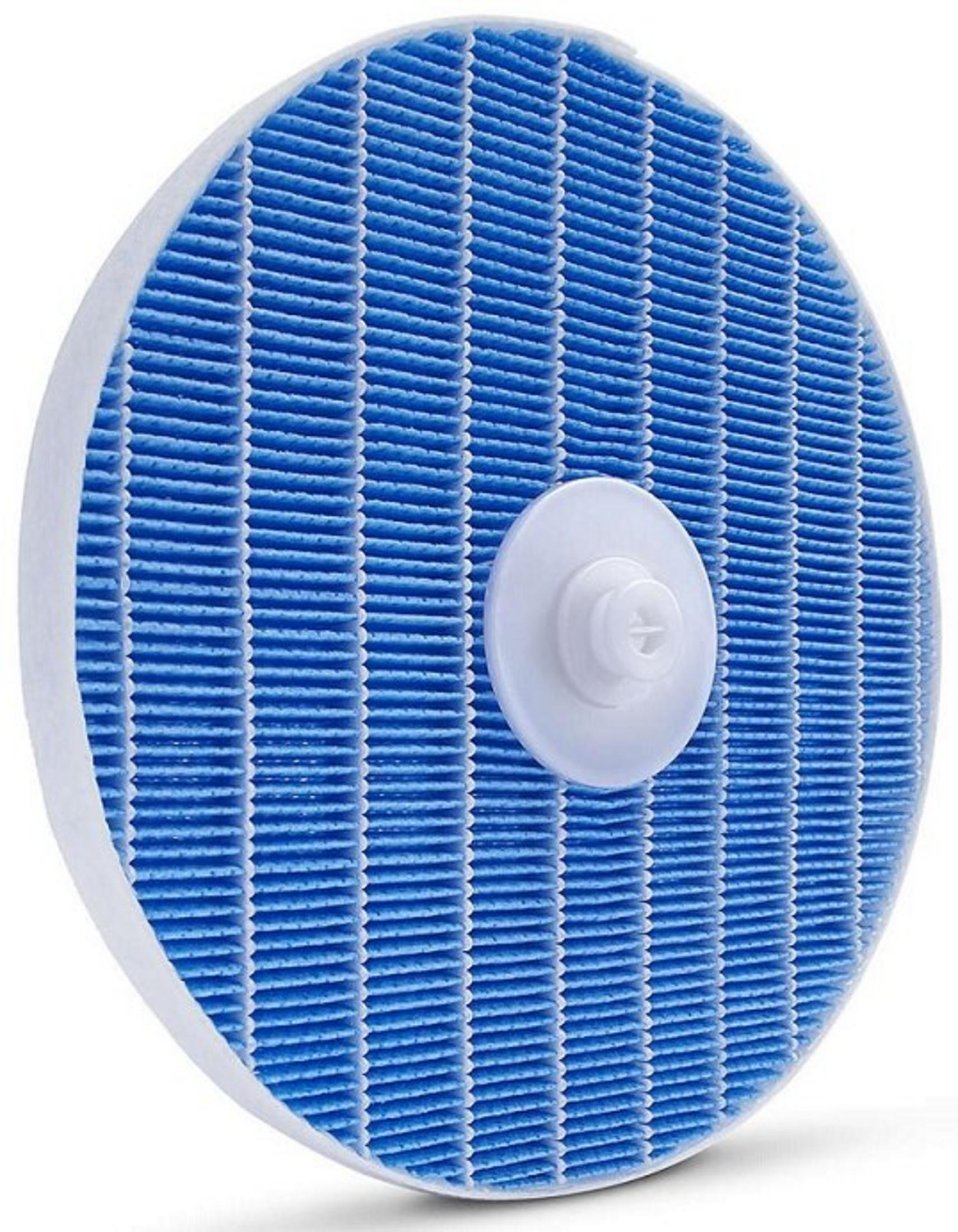 Okrągły filtr powietrza z niebieskim plisowanym materiałem i białą plastikową częścią środkową.