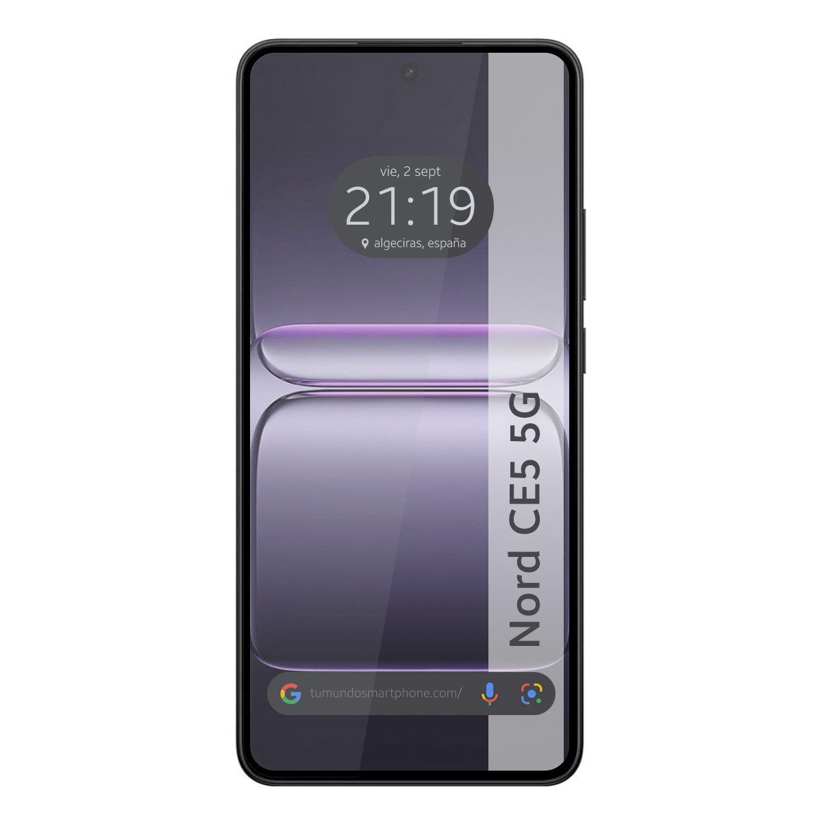 Schermo di smartphone con ora, data e barra di ricerca Google, con sfondo sfumato e testo "Nord CE5 5G".