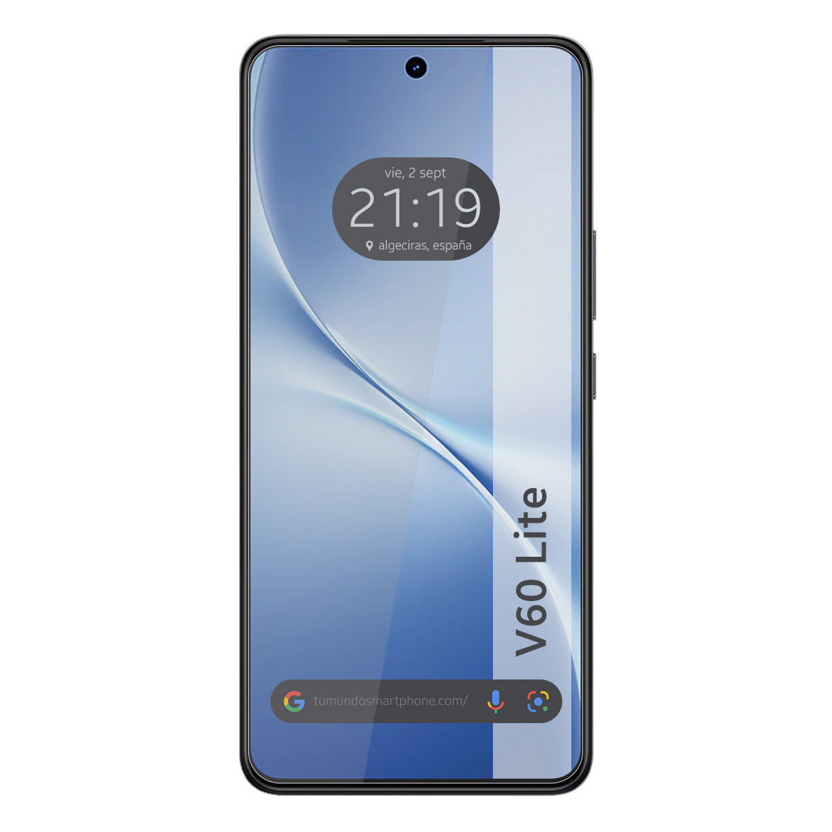Lo schermo dello smartphone mostra ora, data e luogo. Sfondo blu e bianco. Testo: 'V60 Lite'. In basso: indirizzo del sito web e icone di Google.