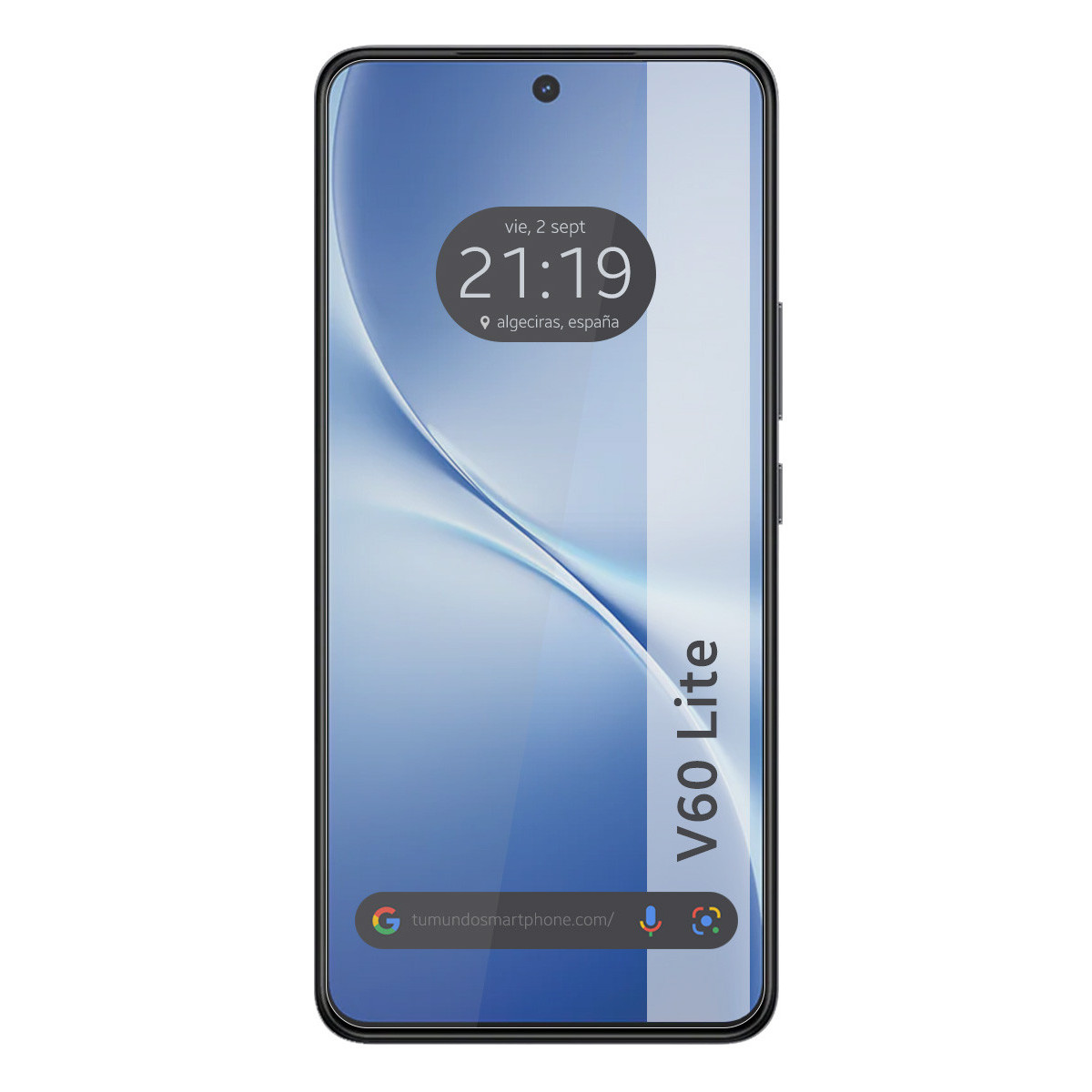 Lo schermo di uno smartphone mostra l'ora, la data e il luogo. Ha uno sfondo sfumato blu e le parole 'V60 Lite'.