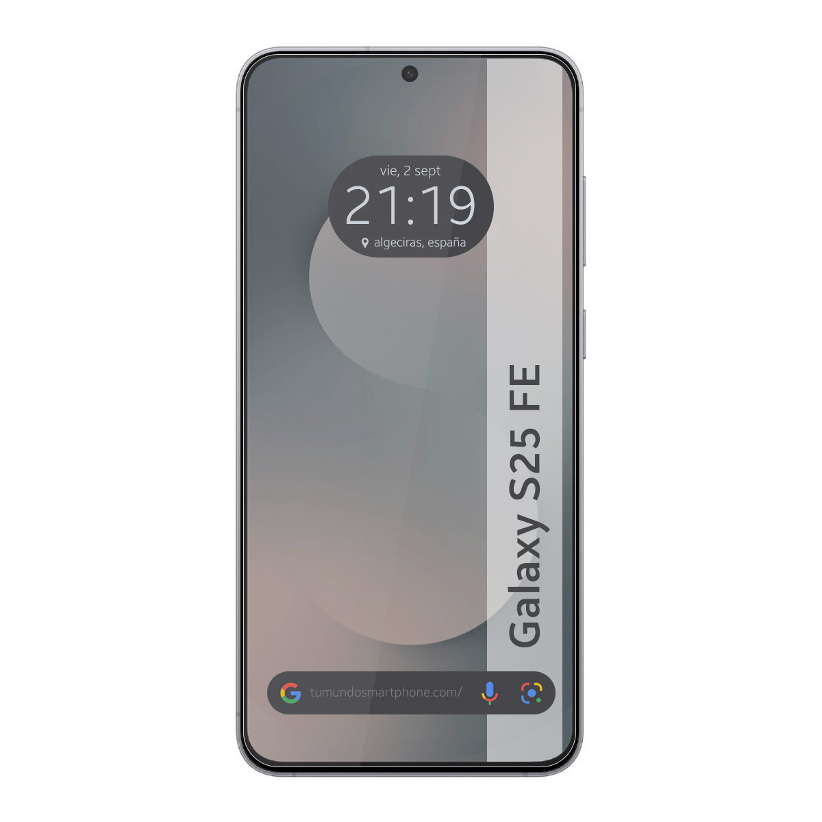 Lo schermo dello smartphone mostra ora, data e luogo. Il testo 'Galaxy S25 FE' è sul lato destro. Lo sfondo è grigio.