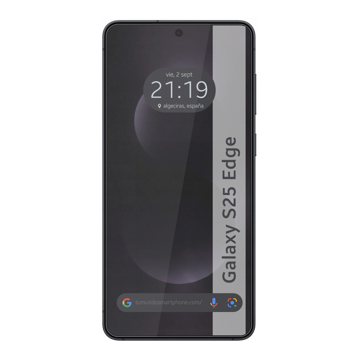 Schermo dello smartphone che mostra l'ora e la posizione. Il telefono è nero e riporta la scritta Galaxy S25 Edge.