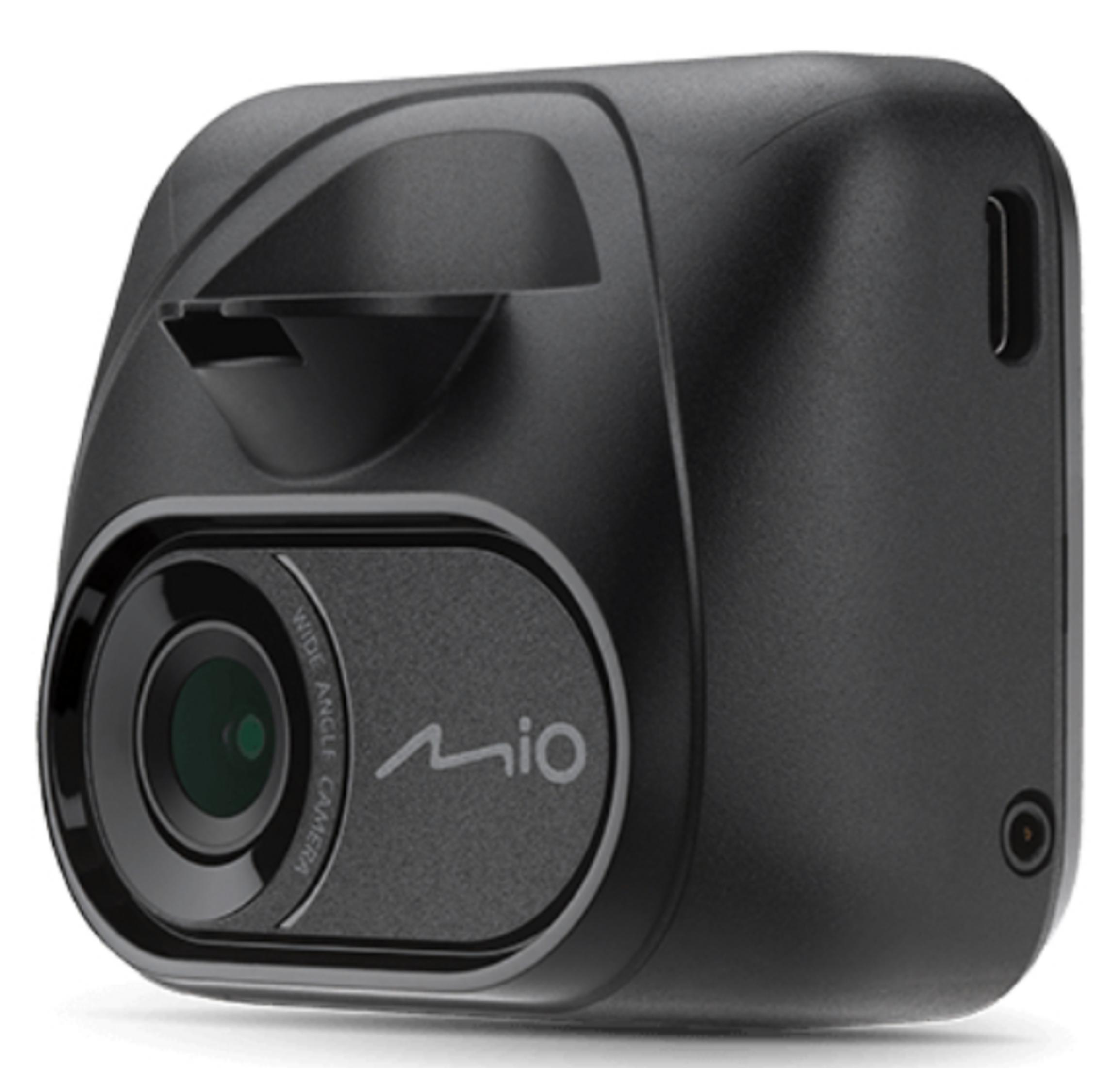 A black dashcam with a lens, the brand "mio", and the words "WIDE ANGLE CAMERA" printed on it.