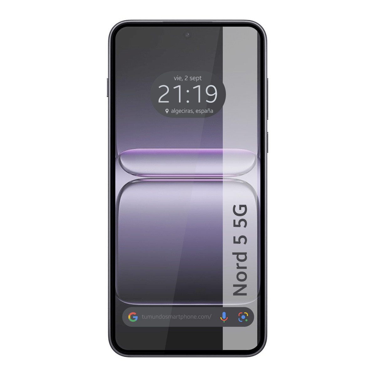Lo schermo dello smartphone mostra ora, data e posizione. Presenta un design sfumato con il testo 'Nord 5 5G' e l'indirizzo del sito web.