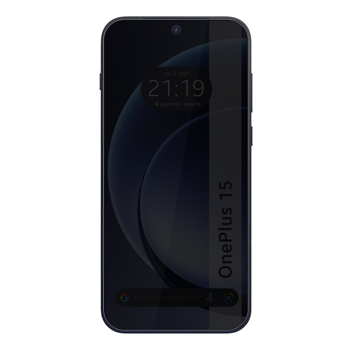 Lo schermo scuro di uno smartphone mostra ora, data e posizione. Il telefono è nero con il logo OnePlus 15.