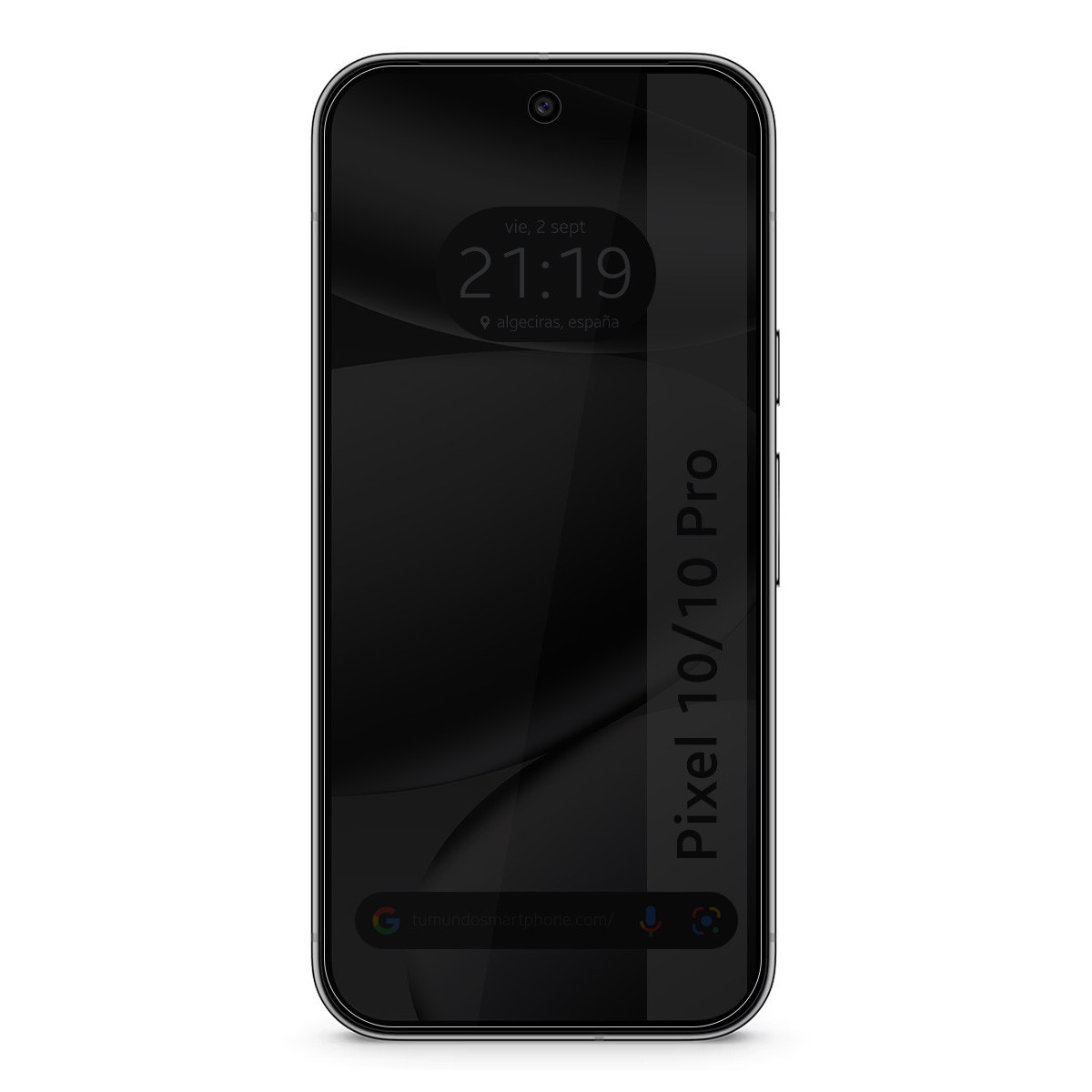 Uno smartphone nero mostra l'ora: 21:19. Lo schermo mostra uno sfondo scuro e il testo 'Pixel 10/10 Pro'.