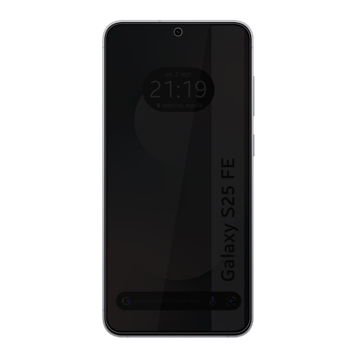 Uno schermo di smartphone che mostra l'ora, la data e il luogo. Il telefono ha uno schermo nero con la scritta Galaxy S25 FE.