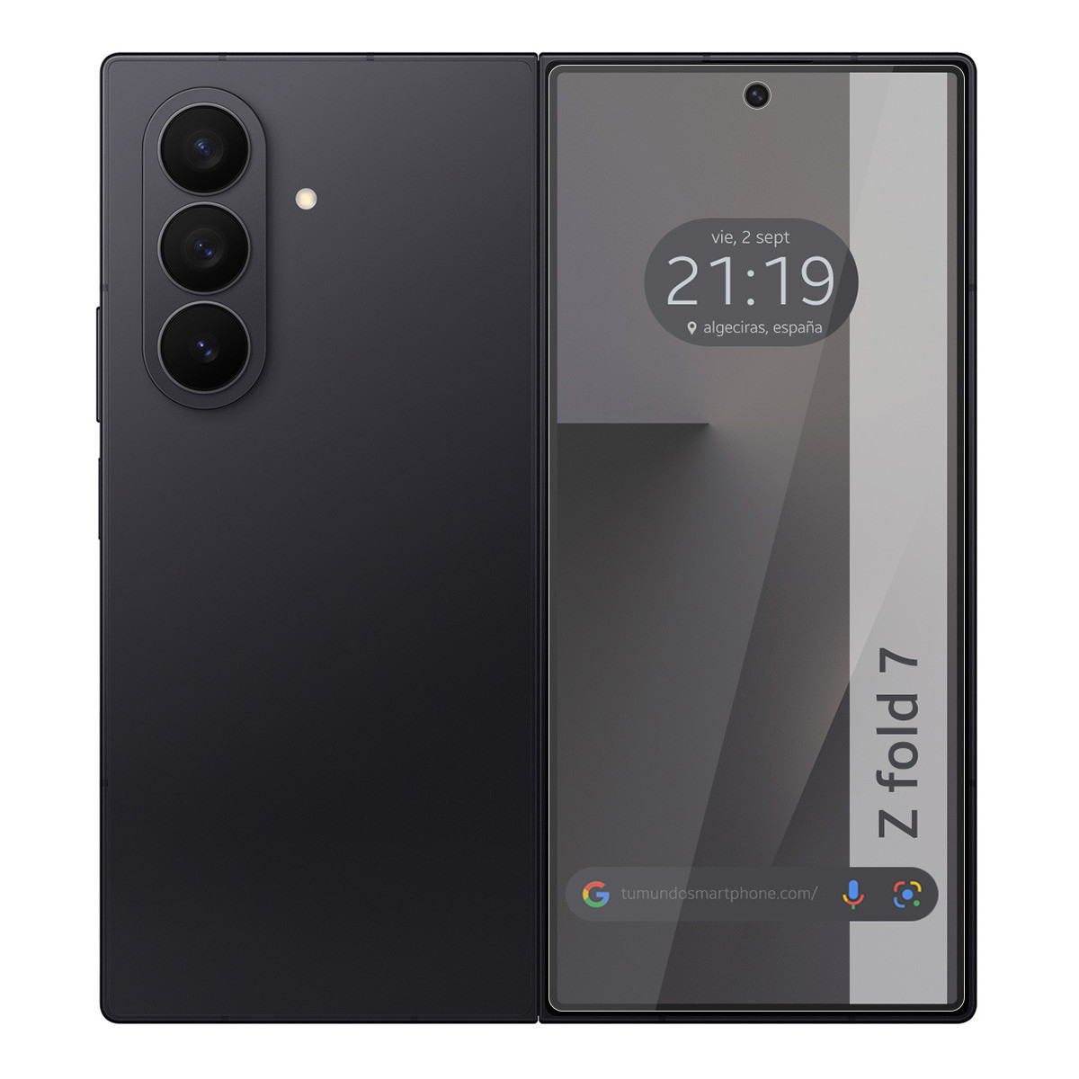 Un teléfono plegable negro muestra la hora, la fecha y un sitio web. Tiene varias cámaras y el texto "Z fold 7".
