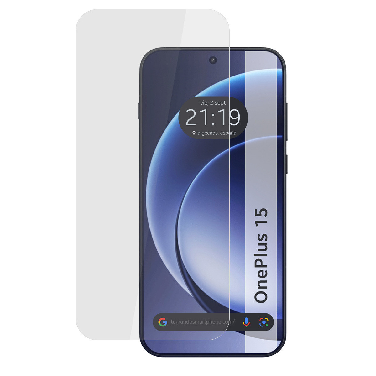 Uno smartphone con protezione schermo. Lo schermo mostra l'ora e il luogo. Il telefono ha il testo OnePlus 15.