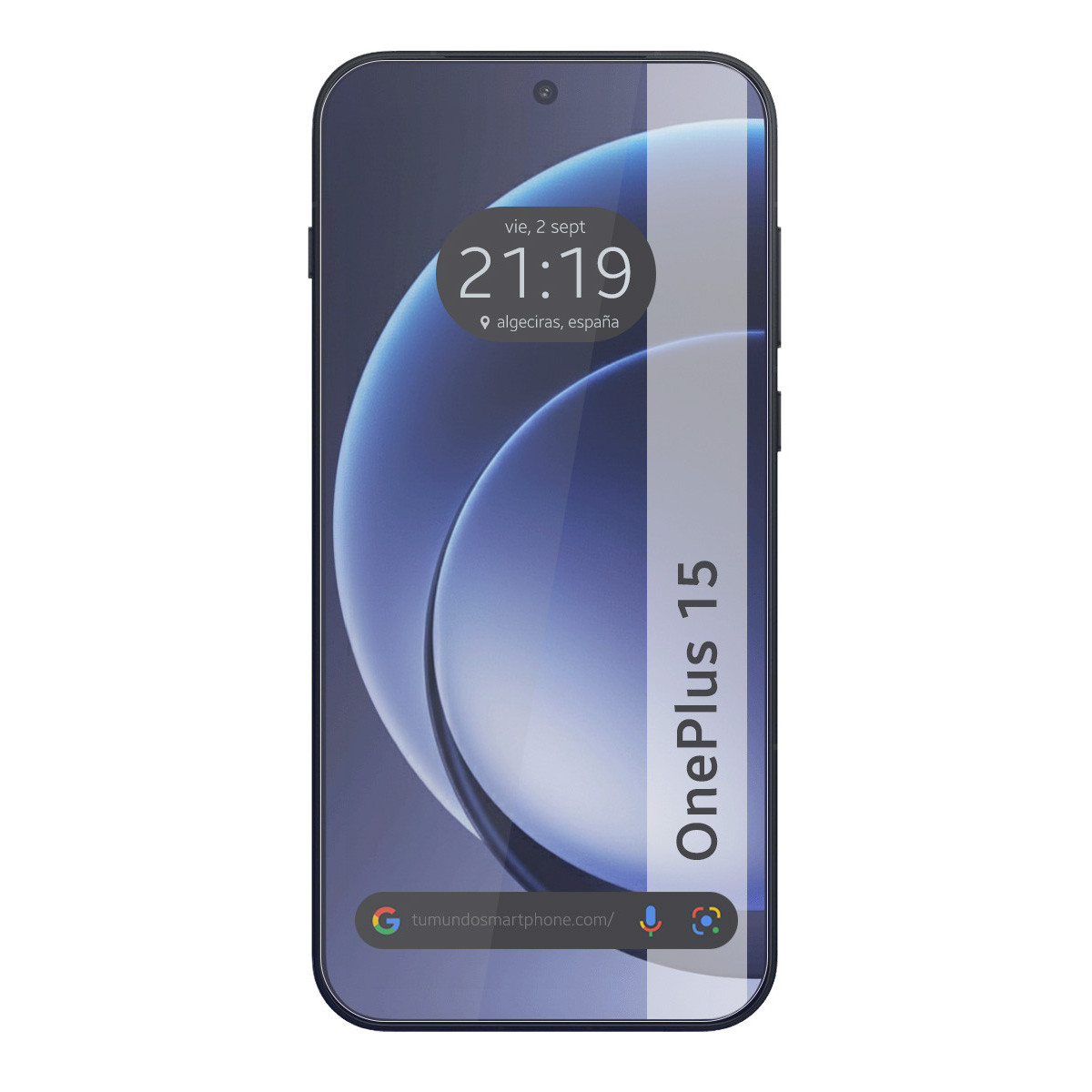 Lo schermo di uno smartphone mostra l'ora, la data e il luogo. Mostra anche un indirizzo web e le parole 'OnePlus 15'.