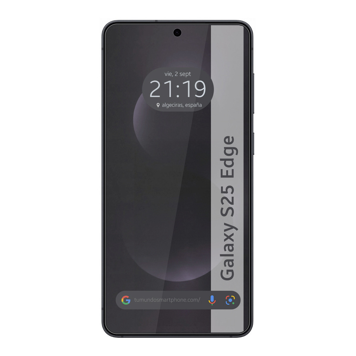 Lo schermo di uno smartphone mostra ora, data e posizione. Il telefono ha il testo Galaxy S25 Edge.