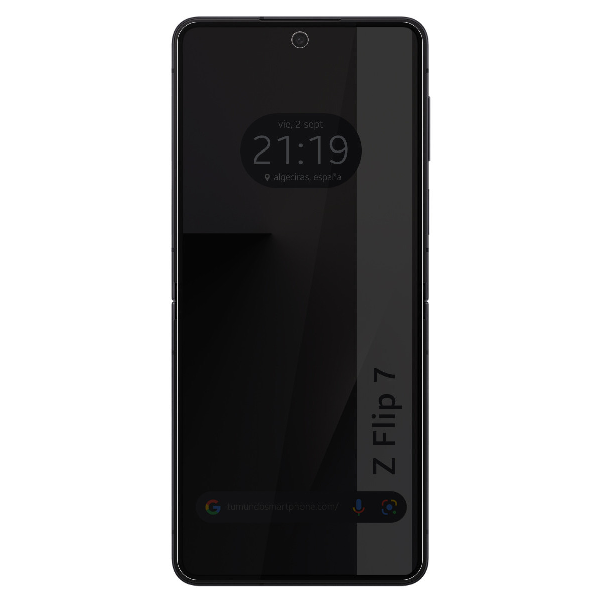 Smartphone nero. Lo schermo mostra ora, data e posizione. Il telefono è etichettato 'Z Flip 7'.