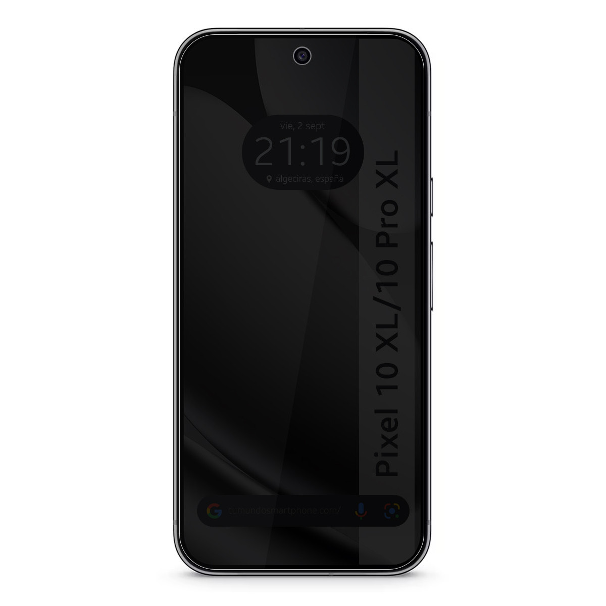 Uno smartphone nero mostra l'ora: 21:19. Il telefono è etichettato Pixel 10 XL/10 Pro XL. La data è il 2 settembre.