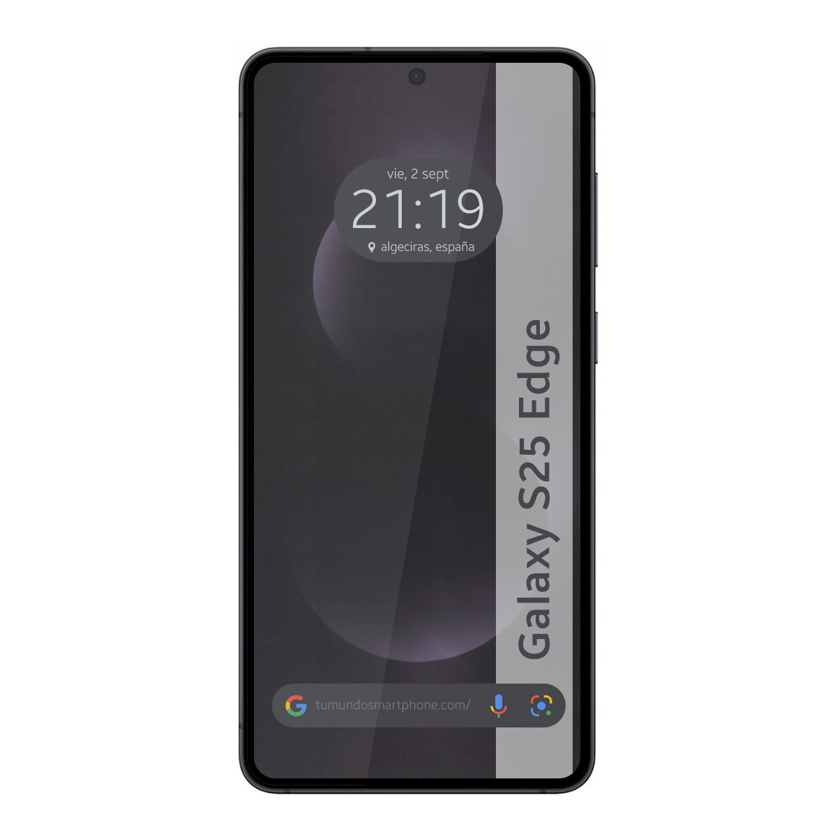 Uno smartphone mostra l'ora 21:19, con una barra di ricerca e la scritta 'Galaxy S25 Edge'. Lo sfondo è scuro.