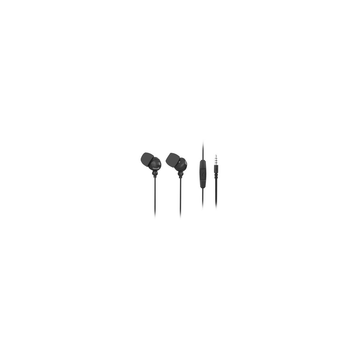 Cuffie in-ear nere con microfono e pulsante di controllo. Le cuffie sono su sfondo bianco.
