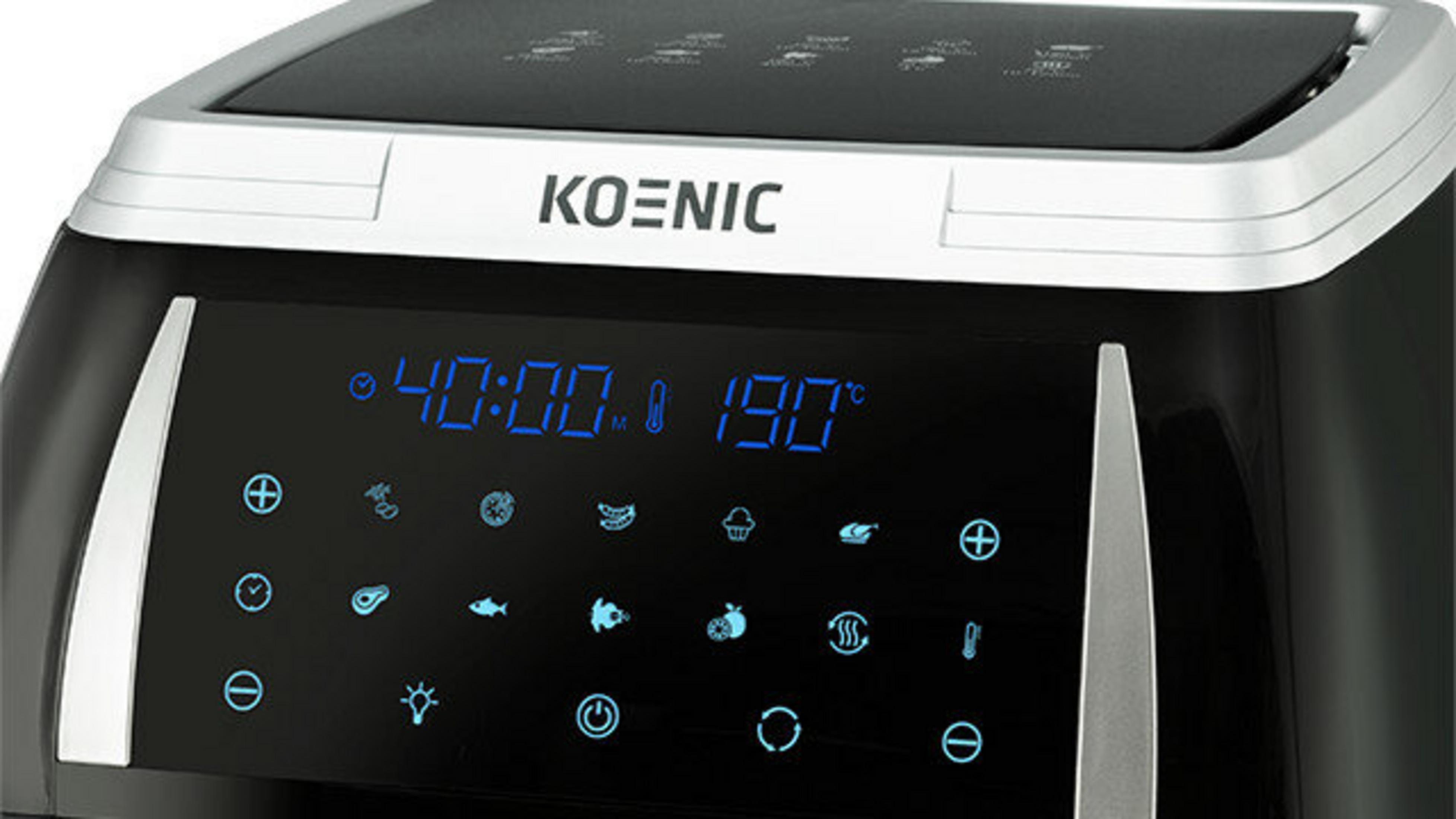 Nahaufnahme einer KOENIC-Heißluftfritteuse. Sie zeigt ein digitales Display mit Zeit und Temperatur. Tasten mit Symbolen sind sichtbar.