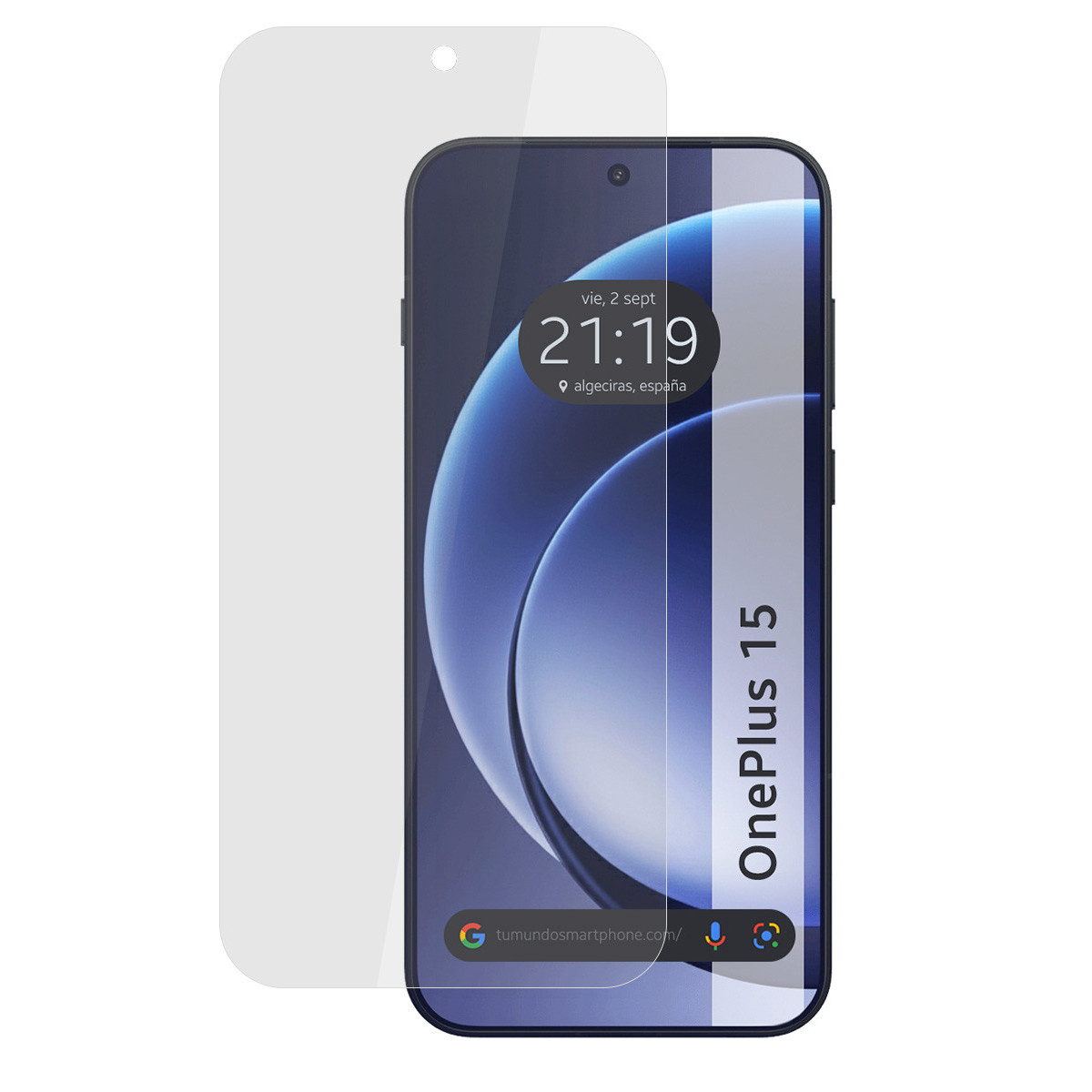 Uno smartphone con protezione schermo. Lo schermo mostra l'ora, la data e la posizione. Il telefono ha un logo OnePlus 15.