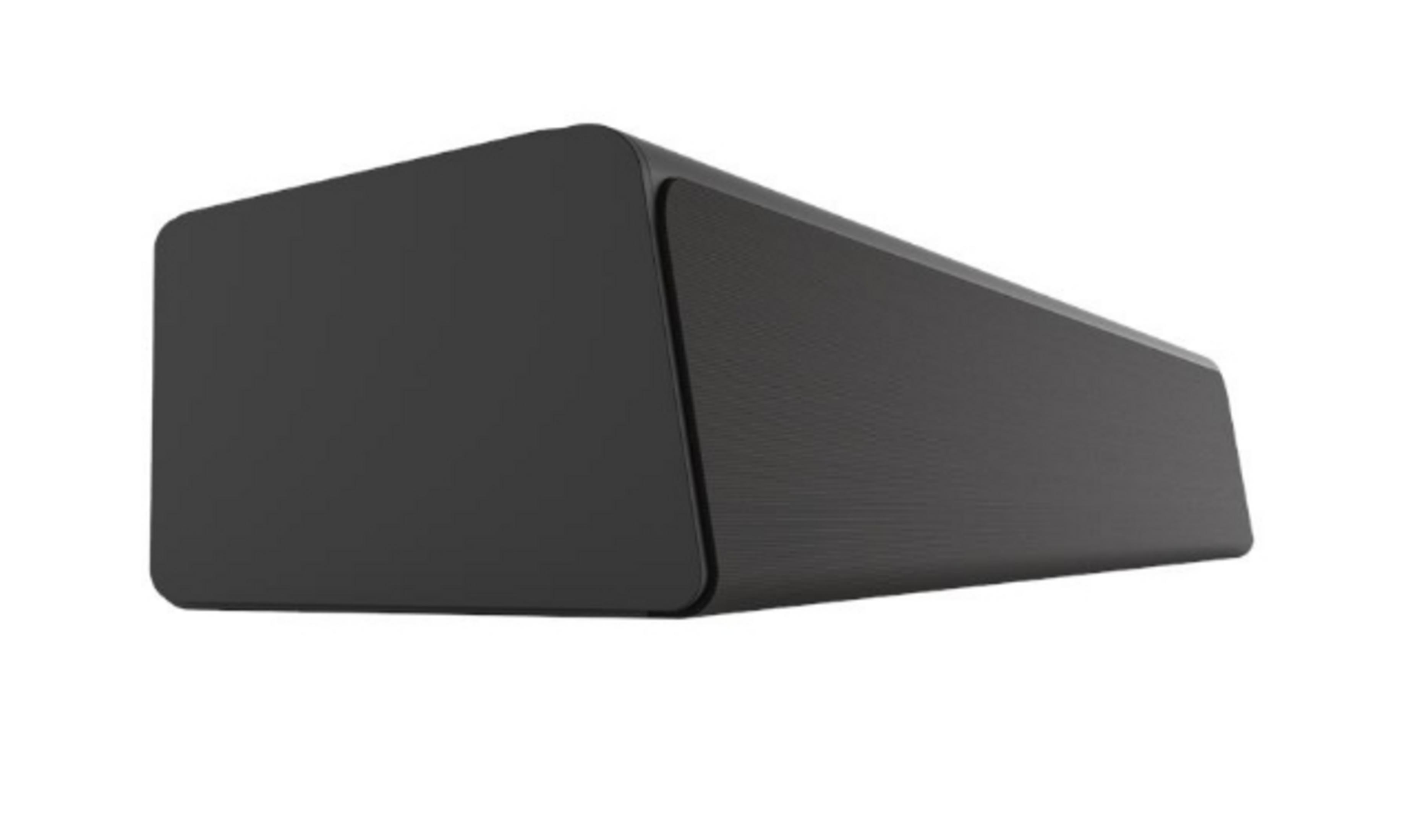 Una soundbar grigio scuro su sfondo bianco. Ha una forma rettangolare arrotondata con un'area altoparlante a rete.