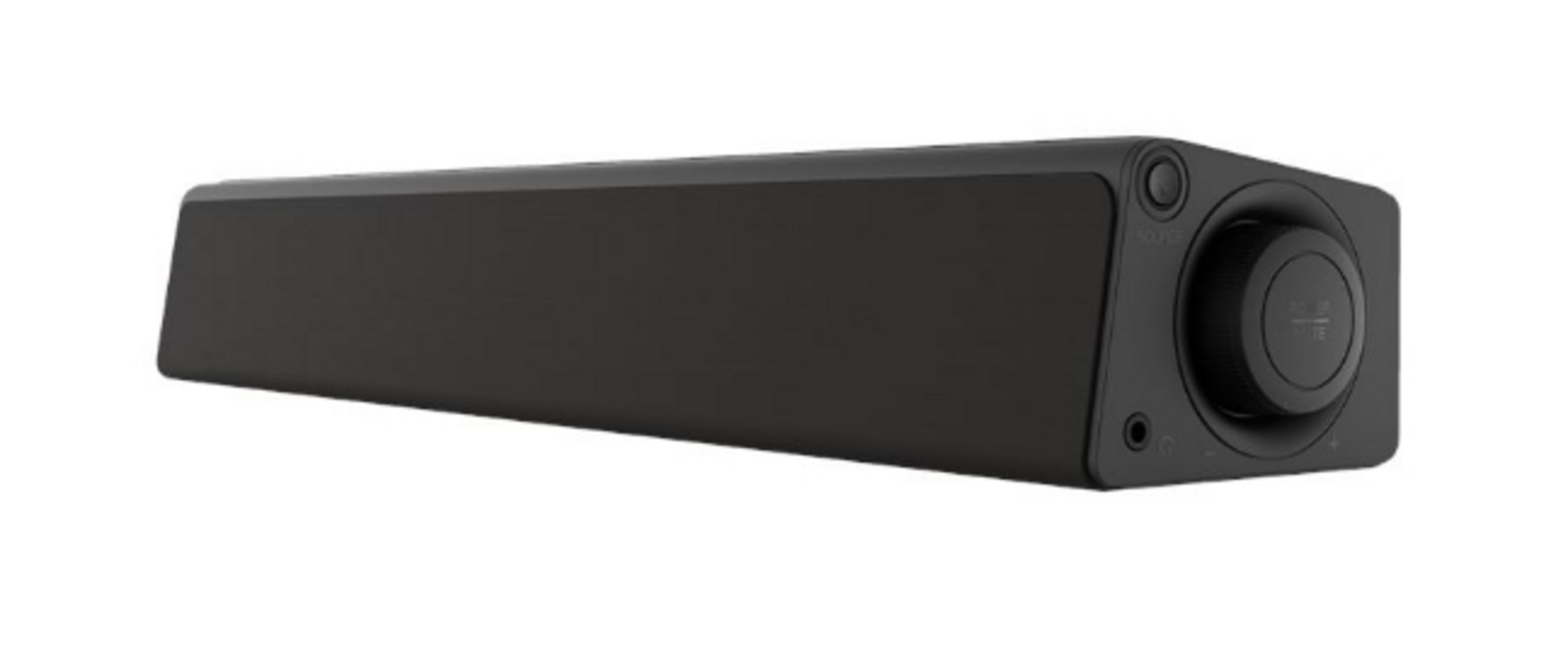 Una soundbar nera con manopola del volume e altri controlli all'estremità destra, su sfondo bianco.