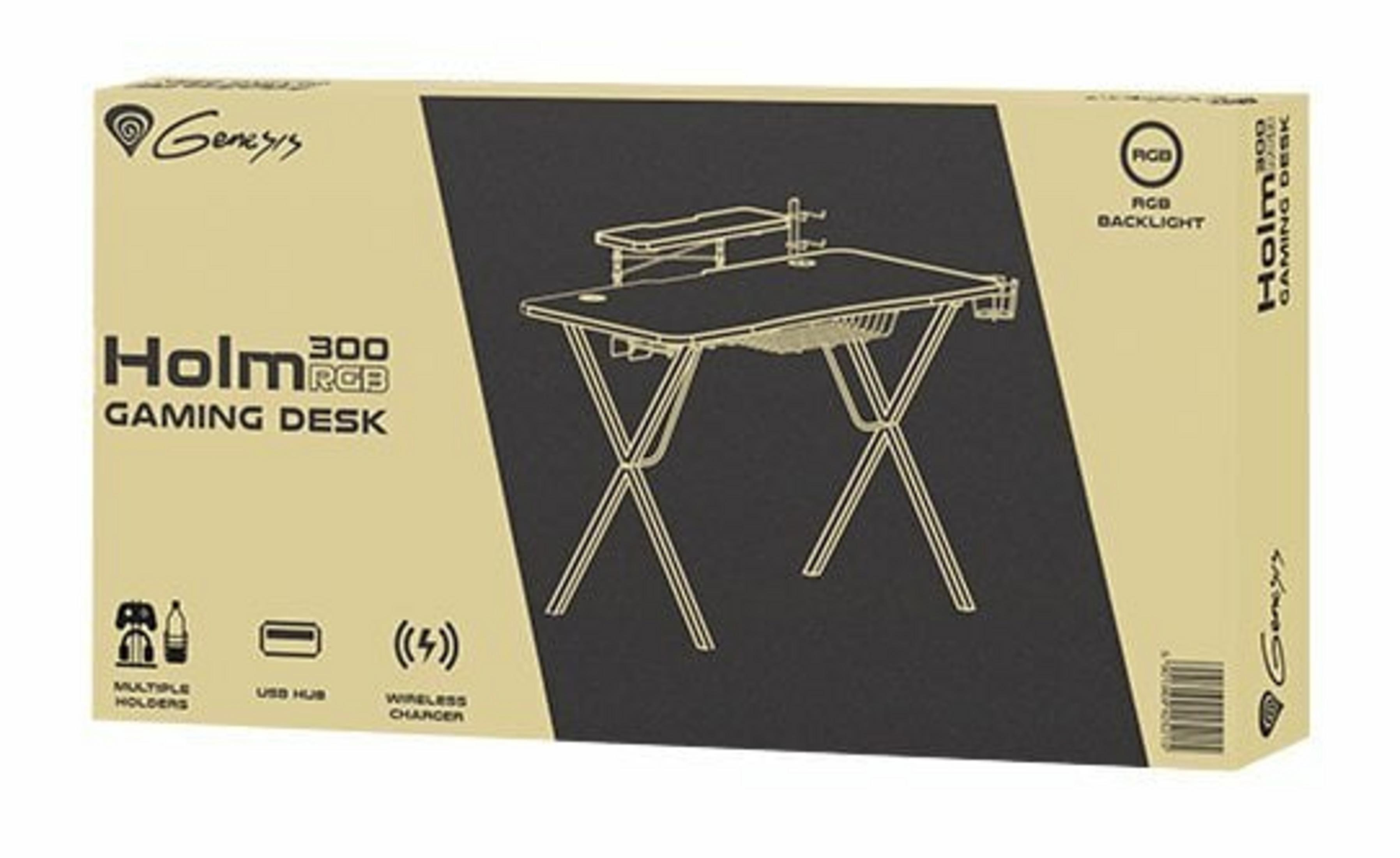 Una caja para un escritorio de juegos. La caja tiene un diseño negro y beige, con ilustraciones del escritorio y sus características.