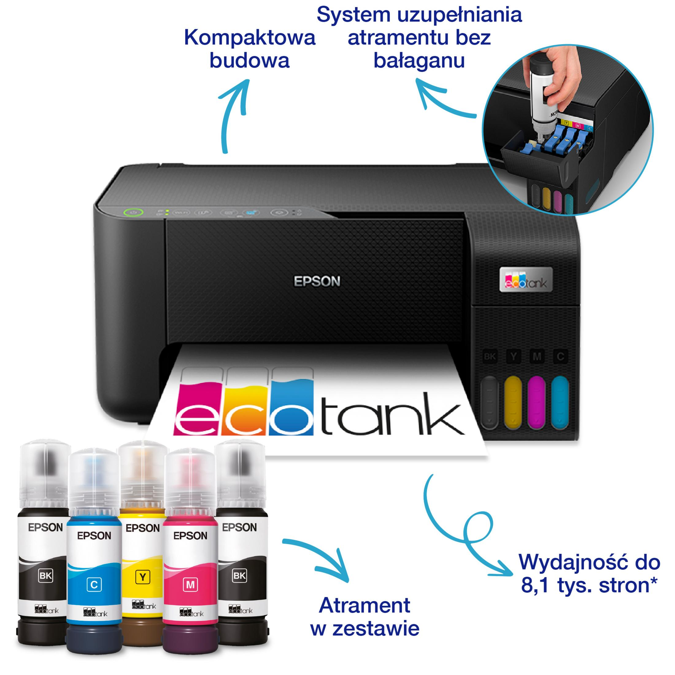 Une imprimante Epson EcoTank avec des bouteilles d'encre, caractéristiques mises en évidence, y compris le système de remplissage et le rendement jusqu'à 8,1k pages.