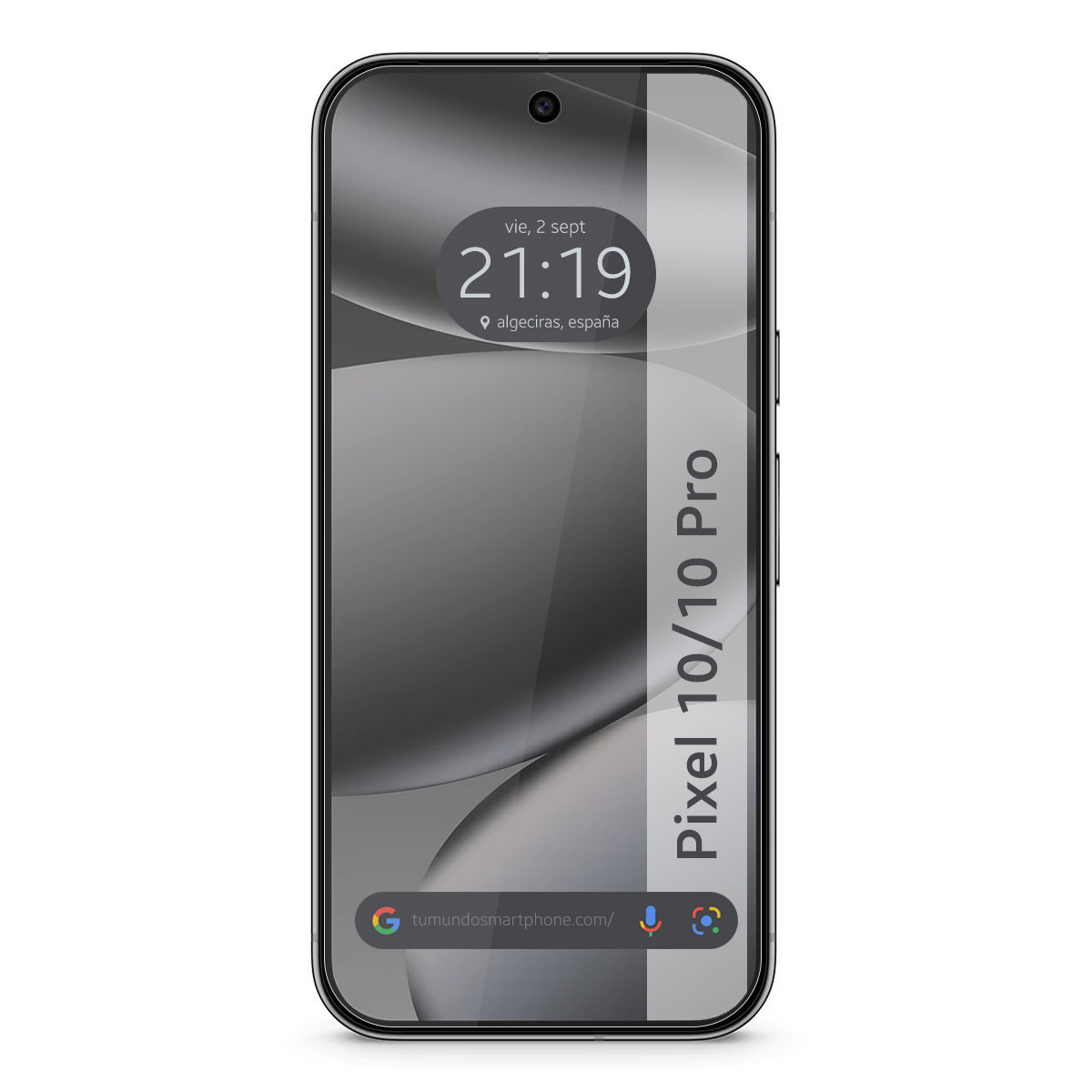 Lo schermo di uno smartphone mostra l'ora, la data e la posizione. Ha una cornice nera e il testo 'Pixel 10/10 Pro' è visibile.