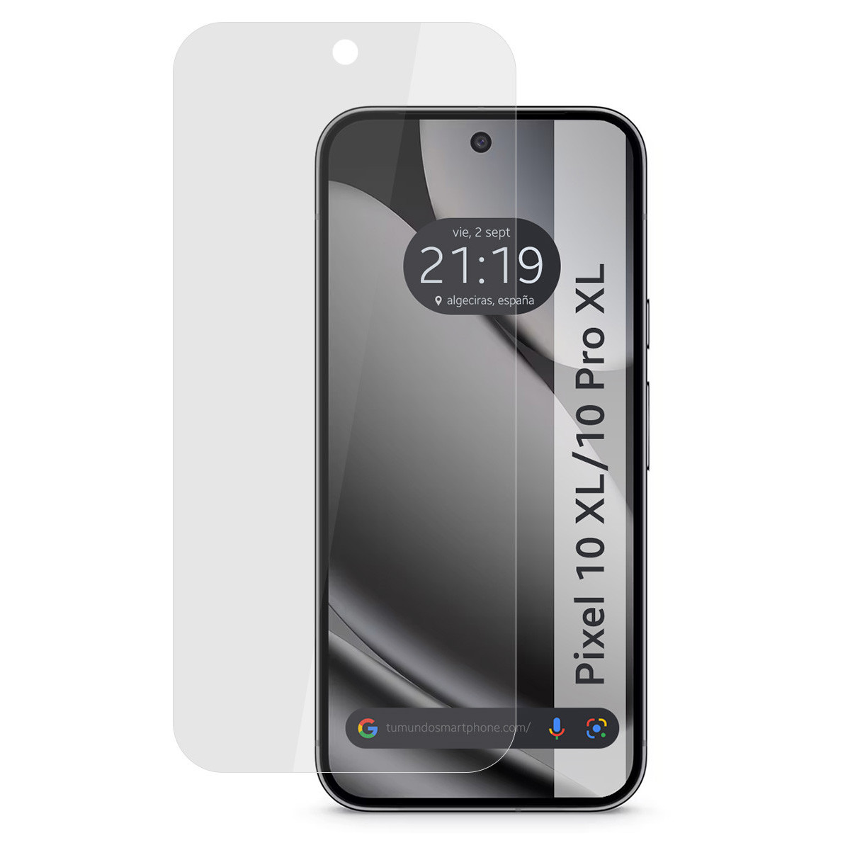 Uno smartphone con protezione schermo. Lo schermo mostra l'ora e il luogo. Il modello del telefono è Pixel 10 XL/10 Pro XL.