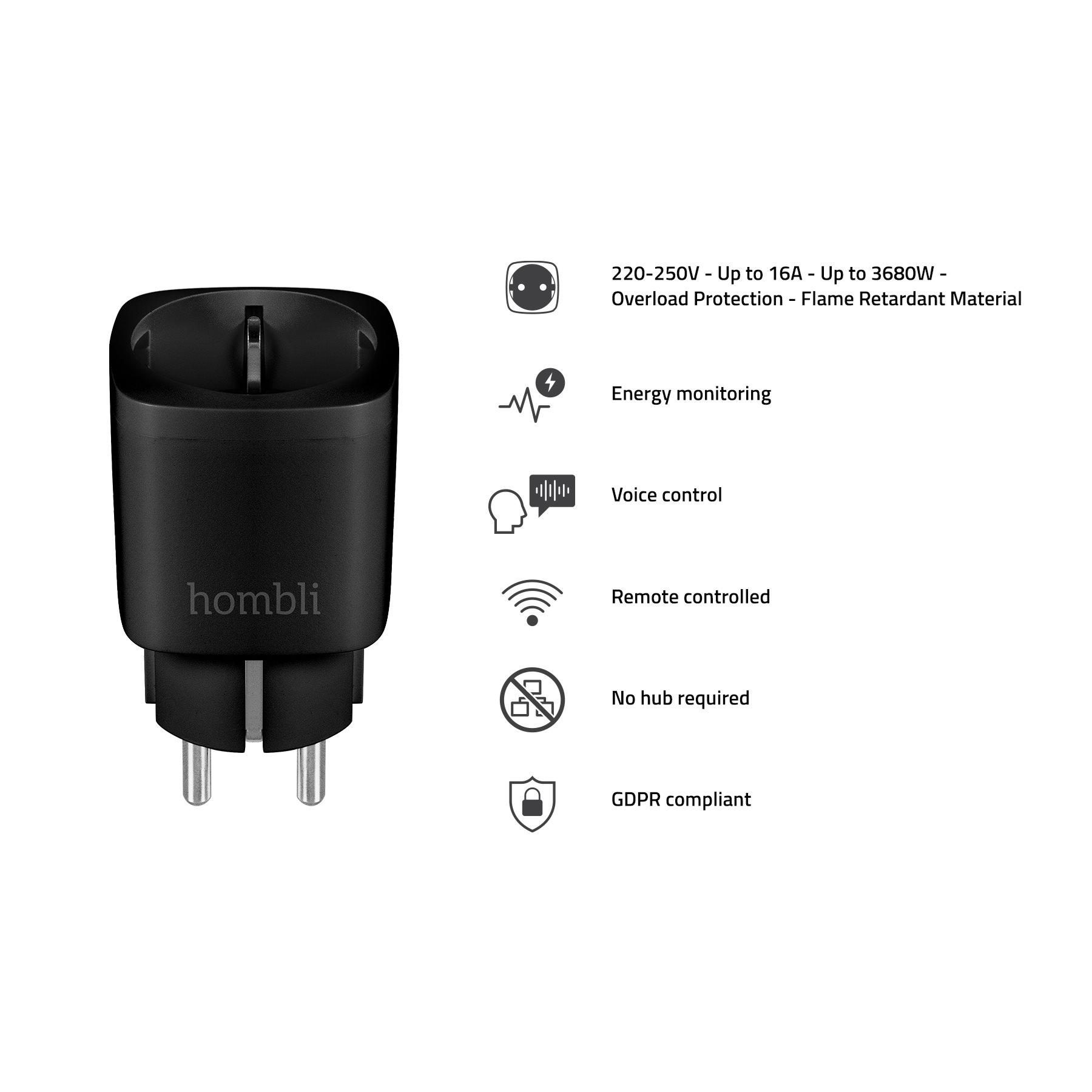 Schwarzer hombli Smart-Stecker mit Silberstiften. Zu den Funktionen gehören Energiemonitoring, Sprachsteuerung und Fernbedienung.