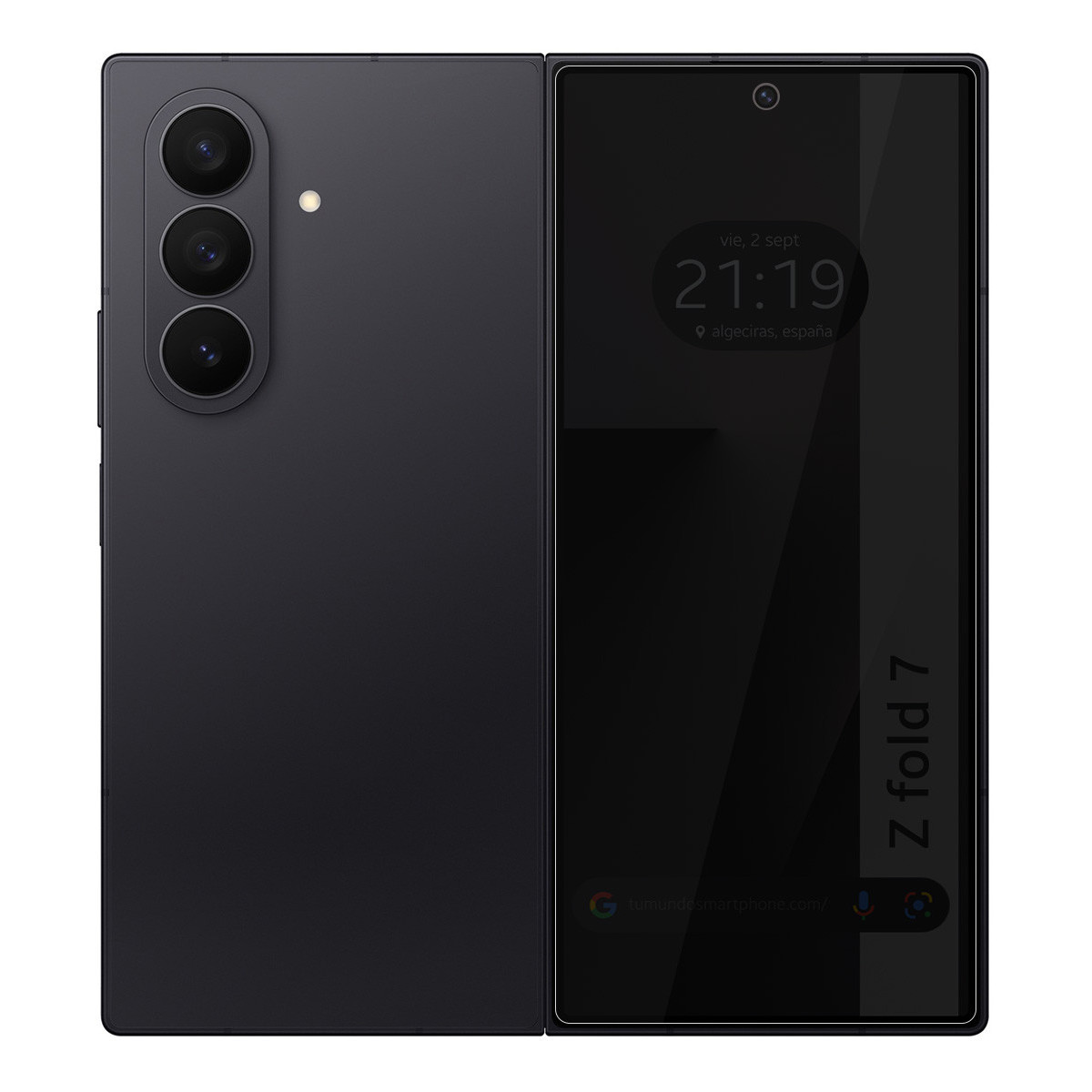 Smartphone pieghevole nero, parzialmente aperto, che mostra ora e luogo. Il retro ha tre obiettivi.