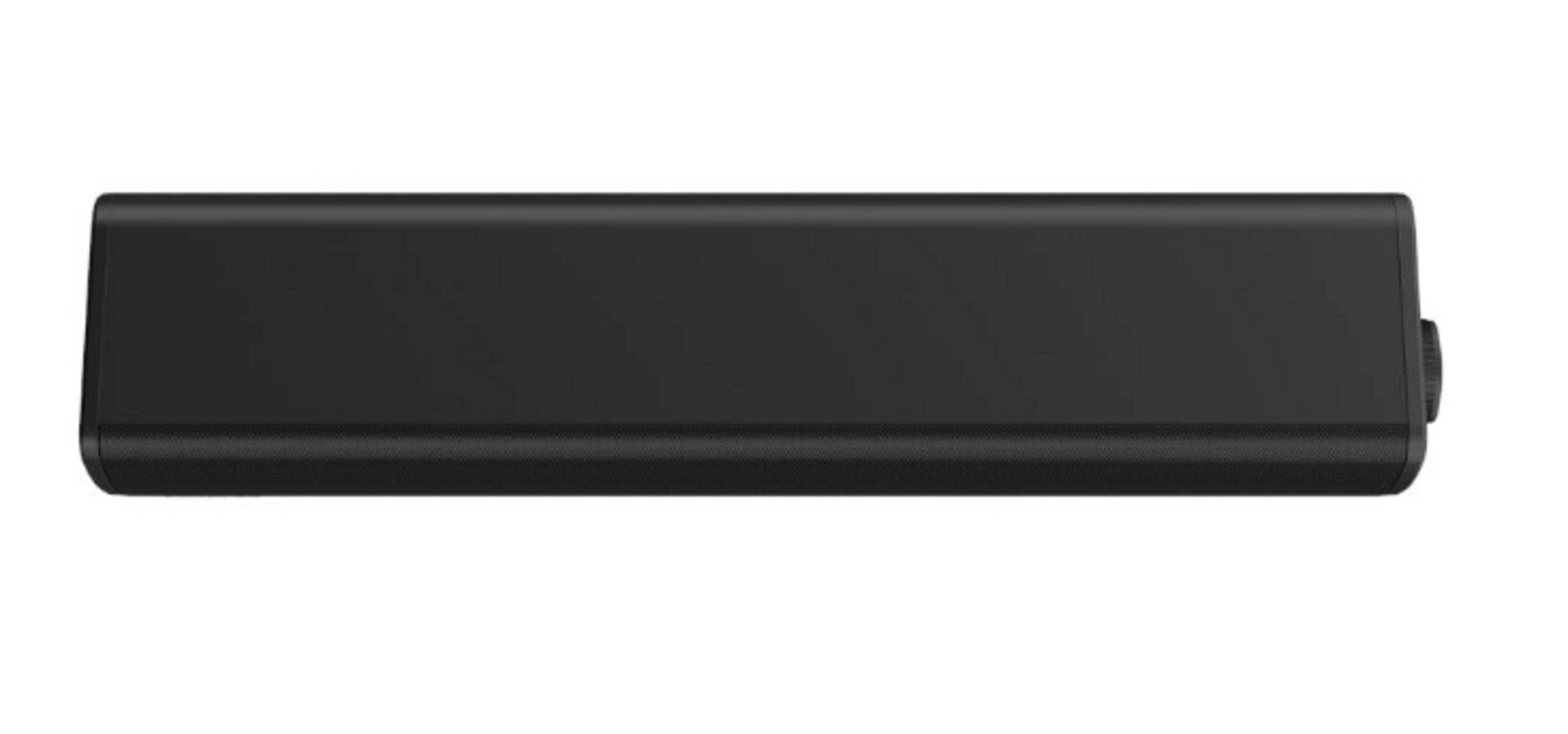 Un dispositivo nero rettangolare, probabilmente una soundbar, su sfondo bianco. Ha un bordo arrotondato e un piccolo quadrante.