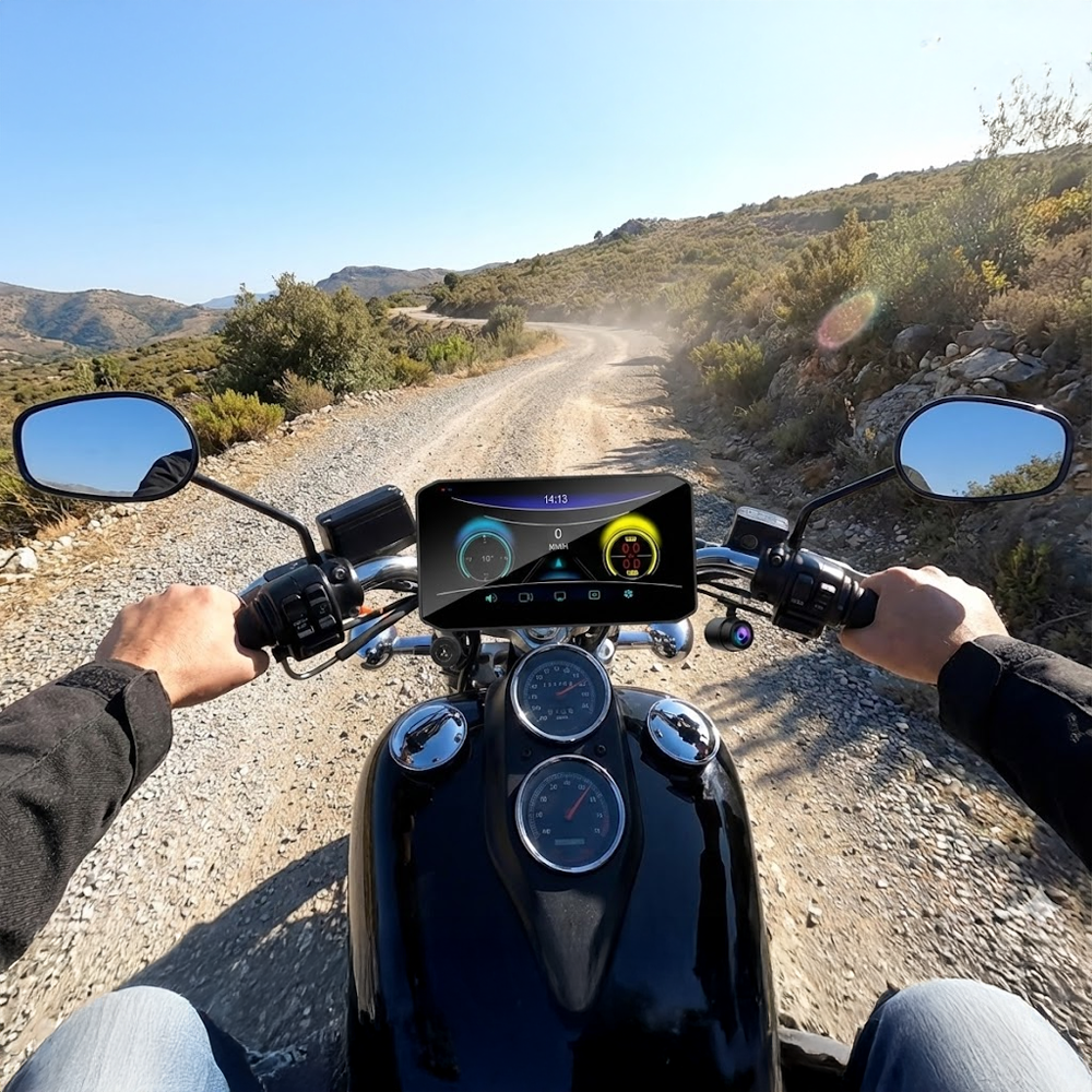 Bir kişi, toprak yolda siyah bir motosiklet sürüyor. Gösterge paneli hızı ve zamanı gösteriyor. Arka planda güneşli, tepelik bir manzara var.