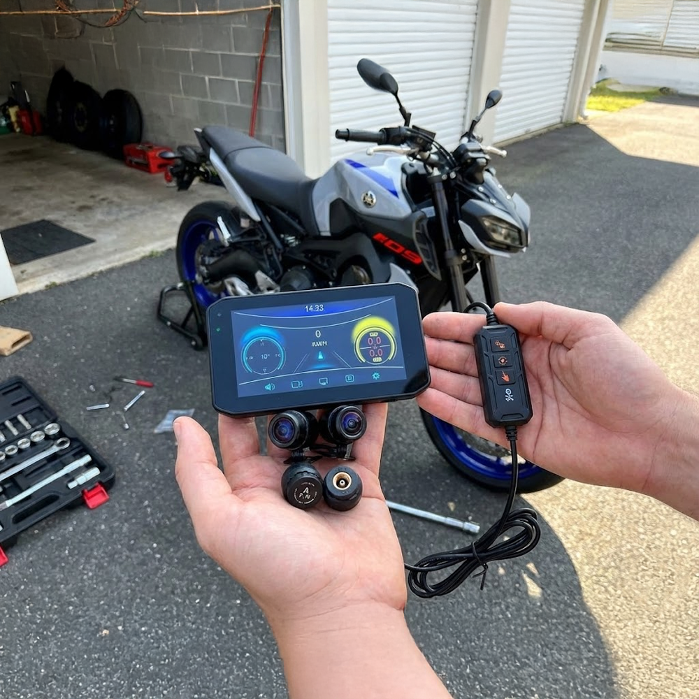 Bir kişi motosiklet teşhis aleti tutuyor. Arka planda bir motosiklet var. Aletler yerde bir çantada.