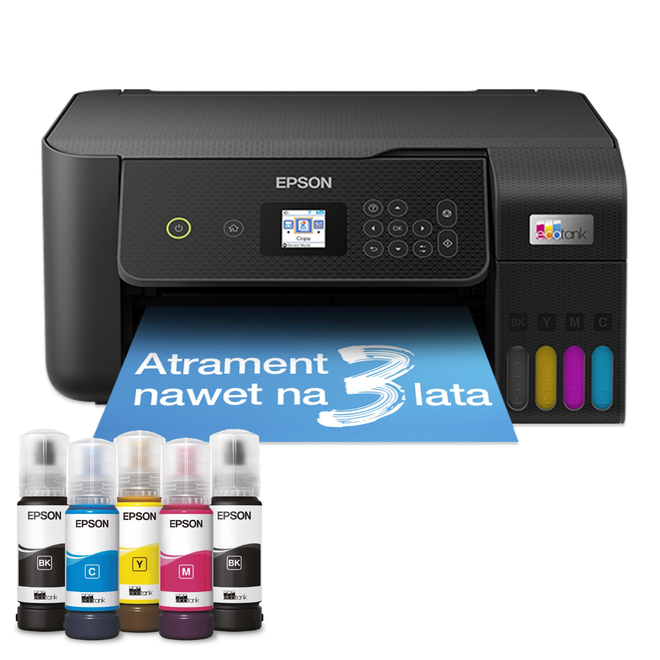 Altında mürekkep şişeleri olan siyah bir Epson yazıcı. Metin içeren bir kağıt çıkıyor. Mürekkep renkleri: siyah, camgöbeği, sarı, macenta ve camgöbeği.