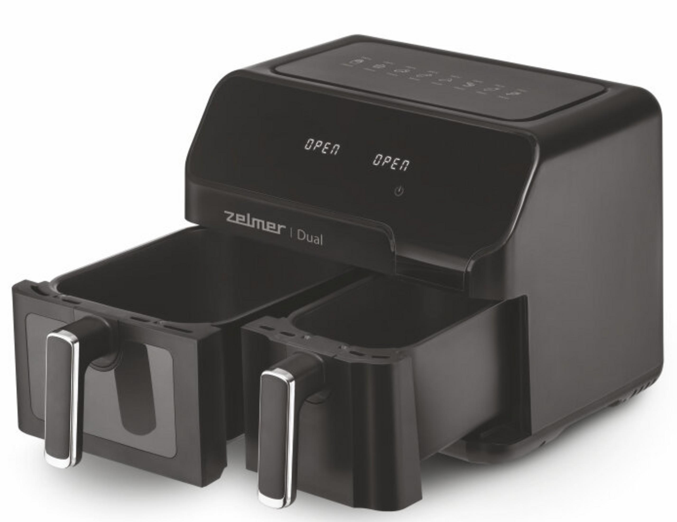 Una friggitrice ad aria nera Zelmer Dual. Ha due cassetti estraibili con maniglie e un display digitale con "OPEN".