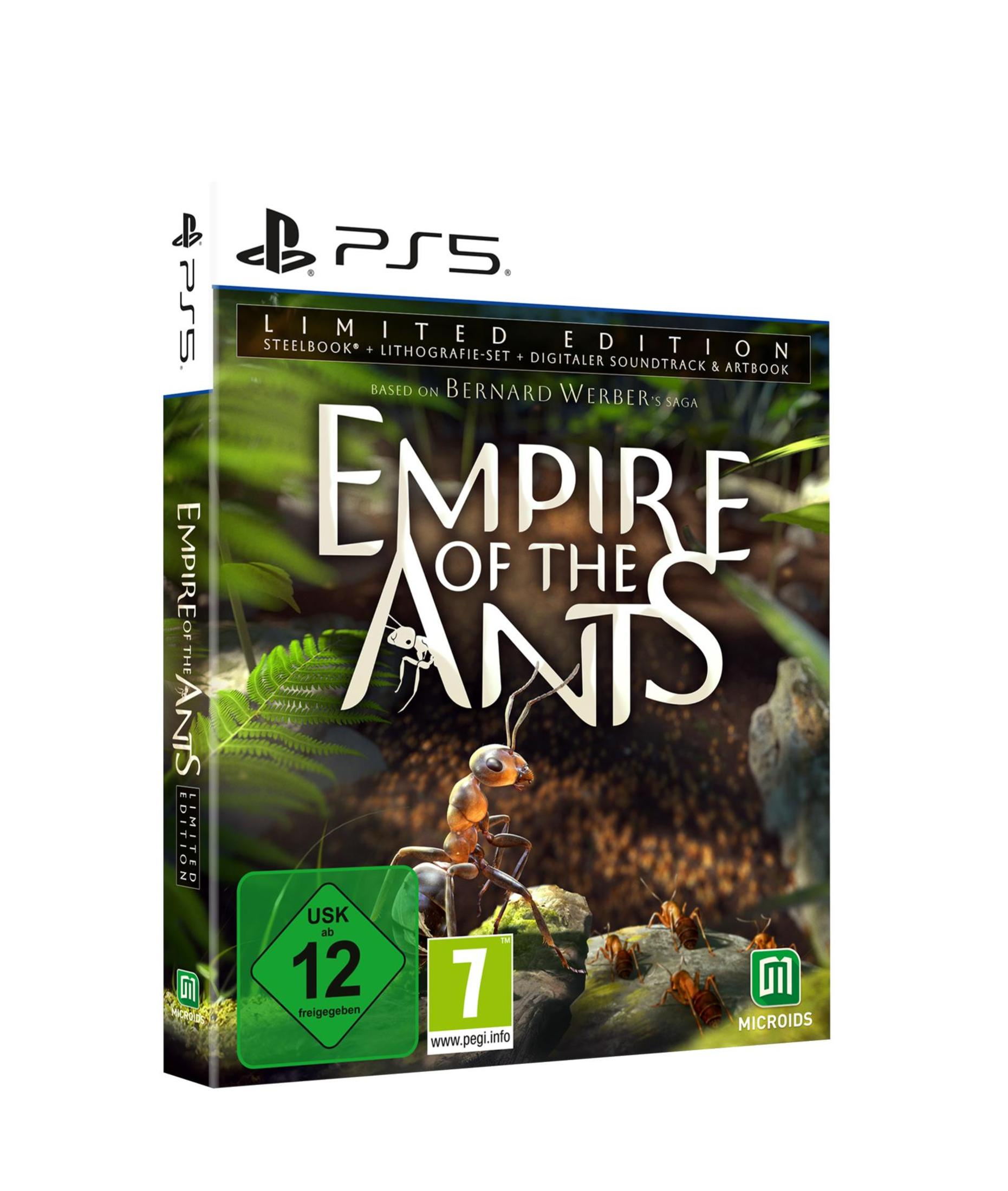 PS5-Spielbox für 'Empire of the Ants'. Mit Ameisen, grünem Laub und Altersfreigabeaufklebern.