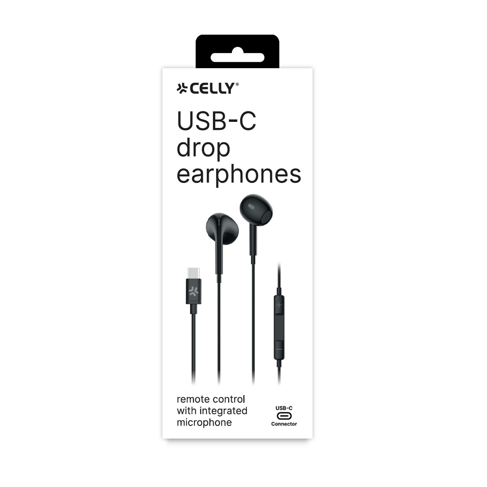 Auricolari USB-C neri in scatola, marchio Celly. Include telecomando con microfono e connettore USB-C.