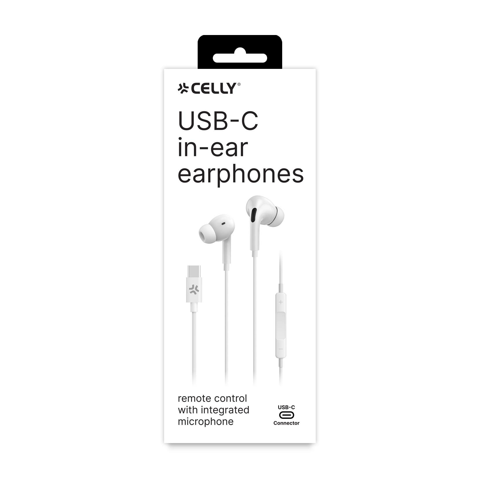 Auricolari Celly USB-C bianchi su sfondo bianco, con telecomando e microfono.