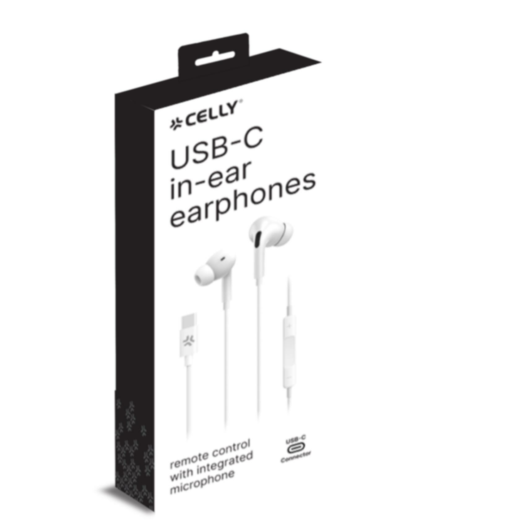 Auricolari USB-C bianchi in-ear su sfondo bianco, in una scatola nera. Testo: Celly, auricolari USB-C.